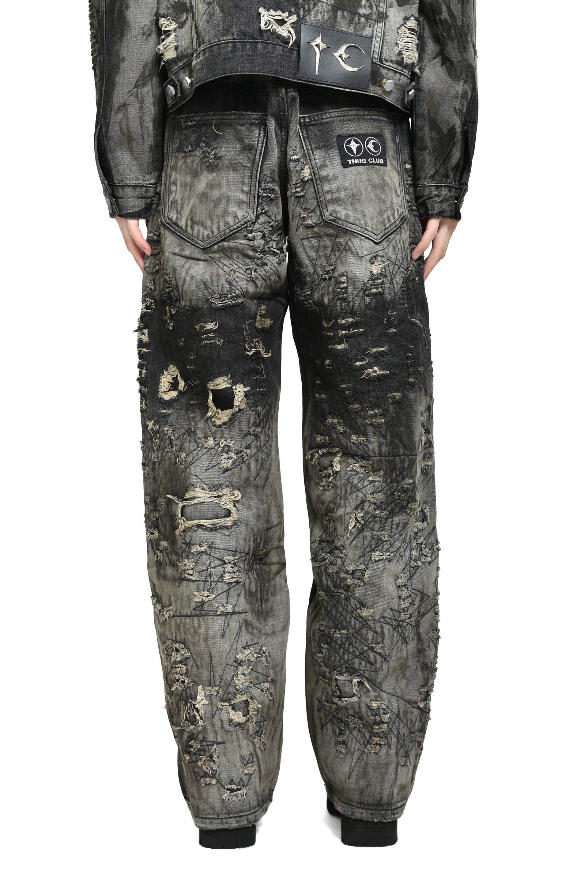 HARD-WASHED DAMAGED DENIM PANTS / BLK