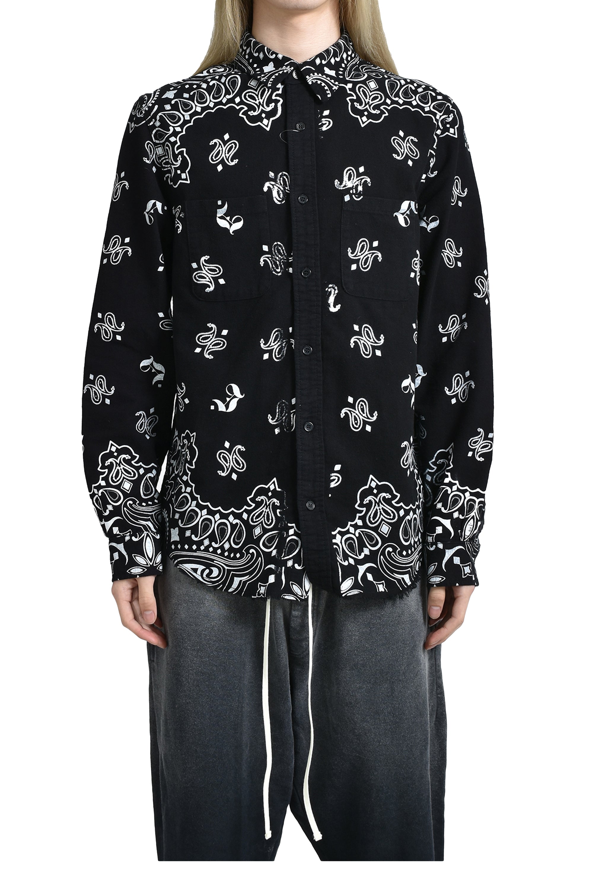 『JUN NAKAYAMA』 ジュンナカヤマ (OS) チェック柄フリンジシャツ JUN/NAKAYAMA ジュン ナカヤマ SS25 PAISLEY SHIRTS / BLK - NUBIAN
