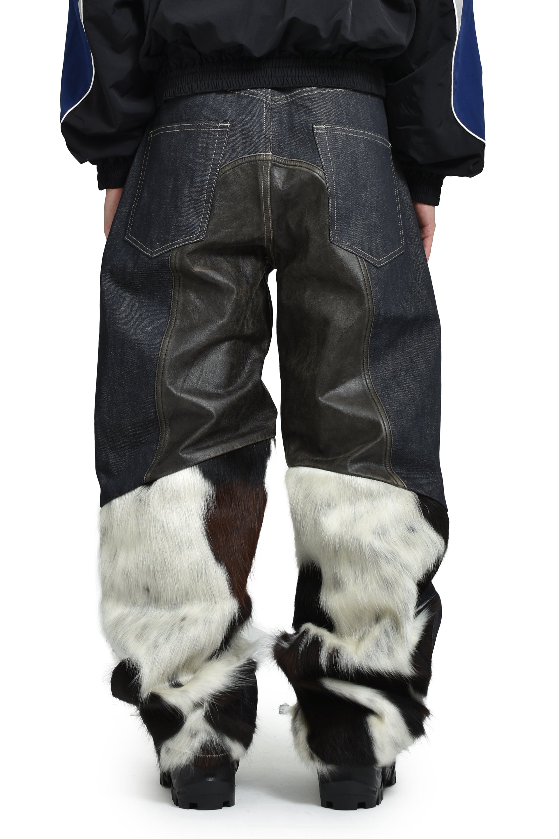 PANELED HYBRID DENIM PANTS / PONY HAIR