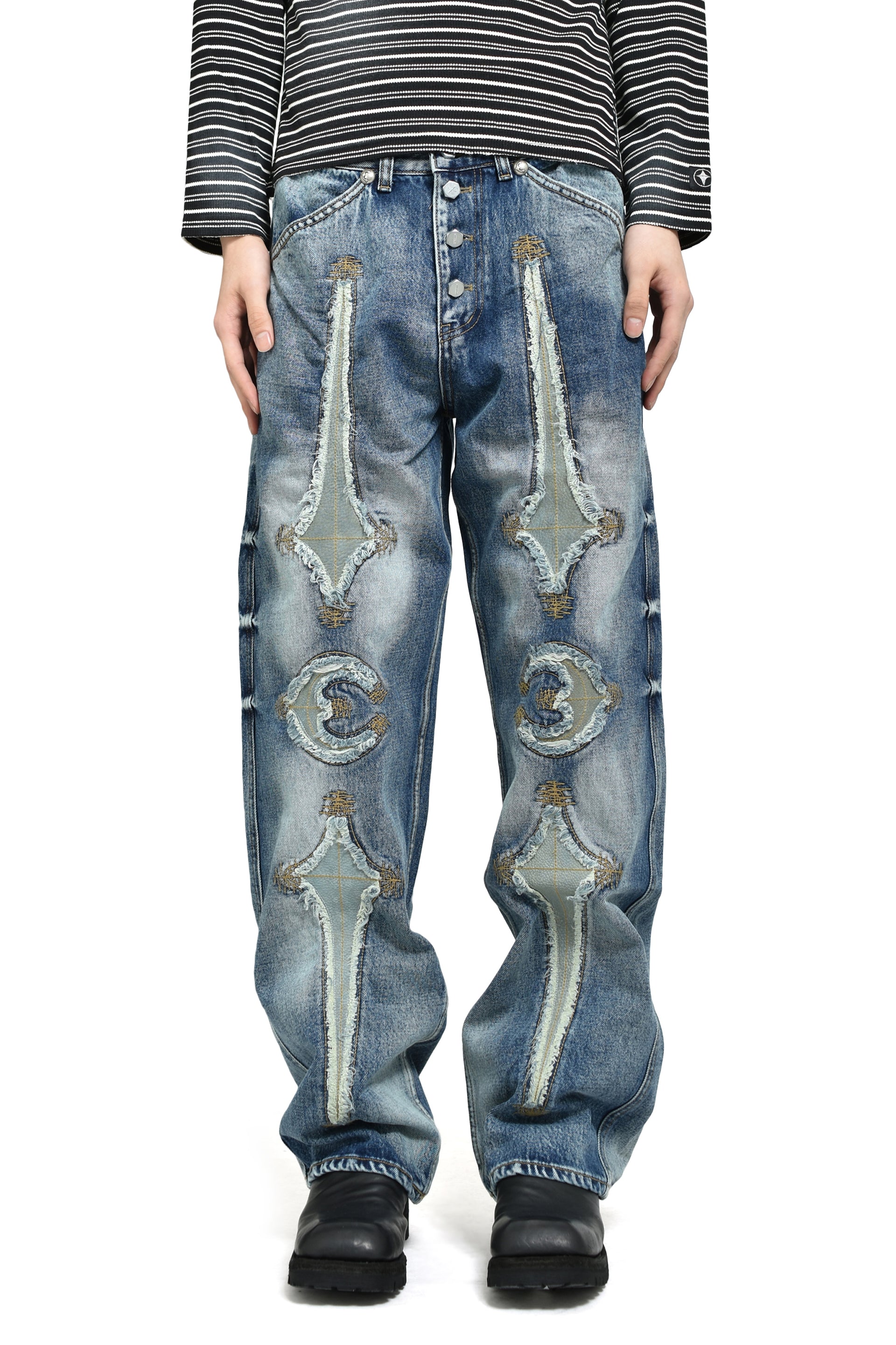 TC BONE LEATHER DENIM PANTS / BLU