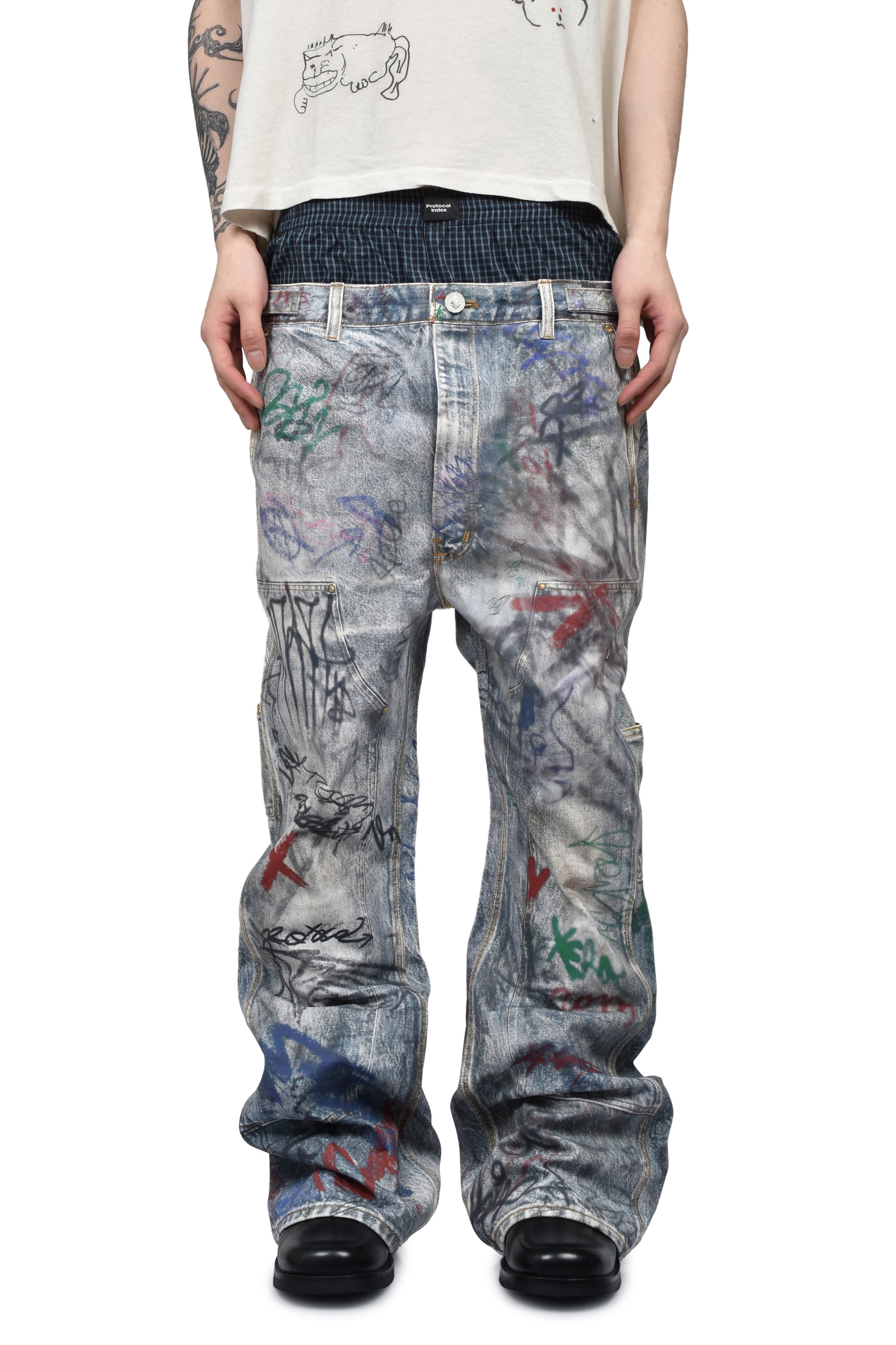 Protocol Index SS26 GRAFFITI TROMPE-L'OEIL LAYERED PANTS / BLU