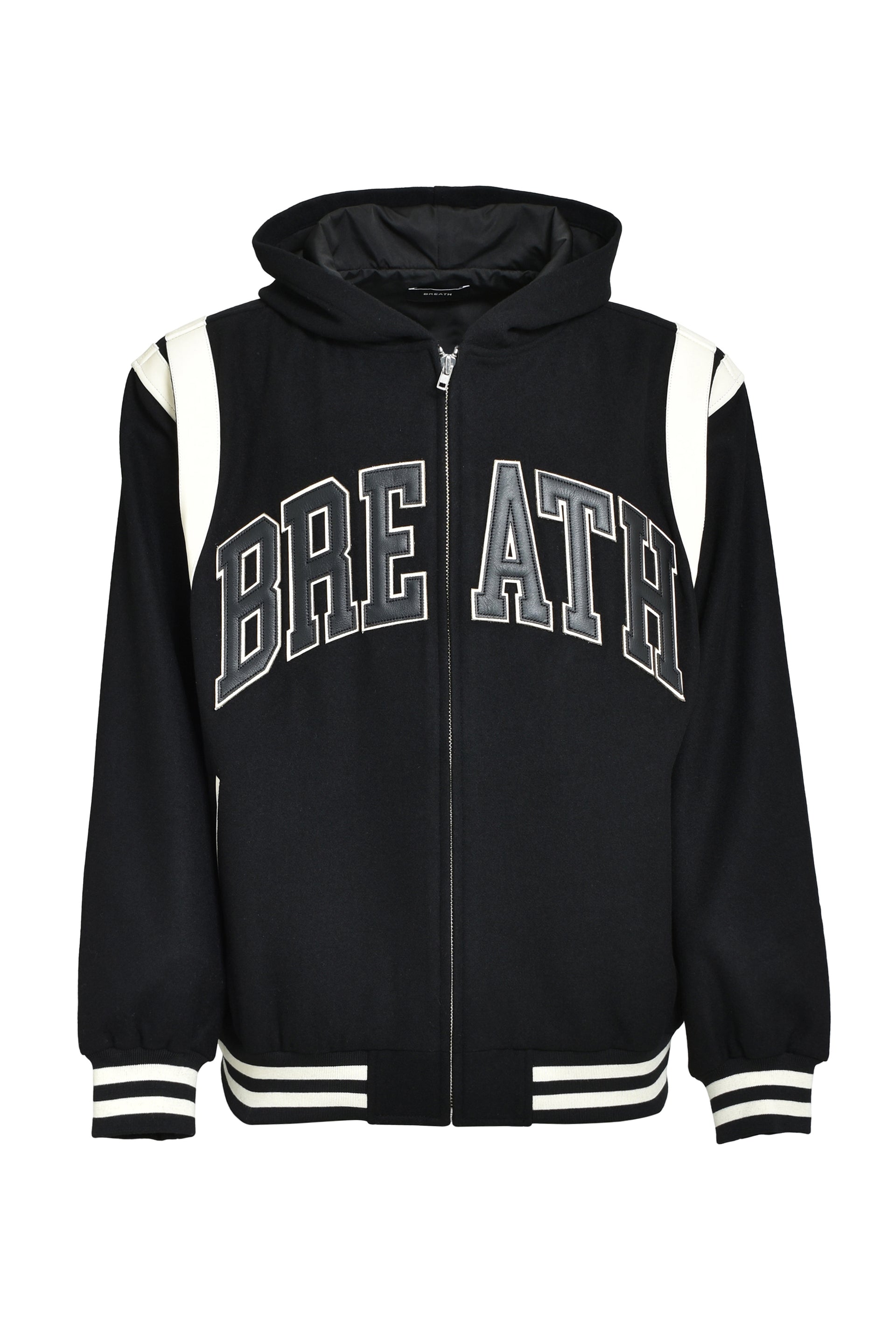 ARCH LOGO HOODED VERSITY JACKET / BLK WHT