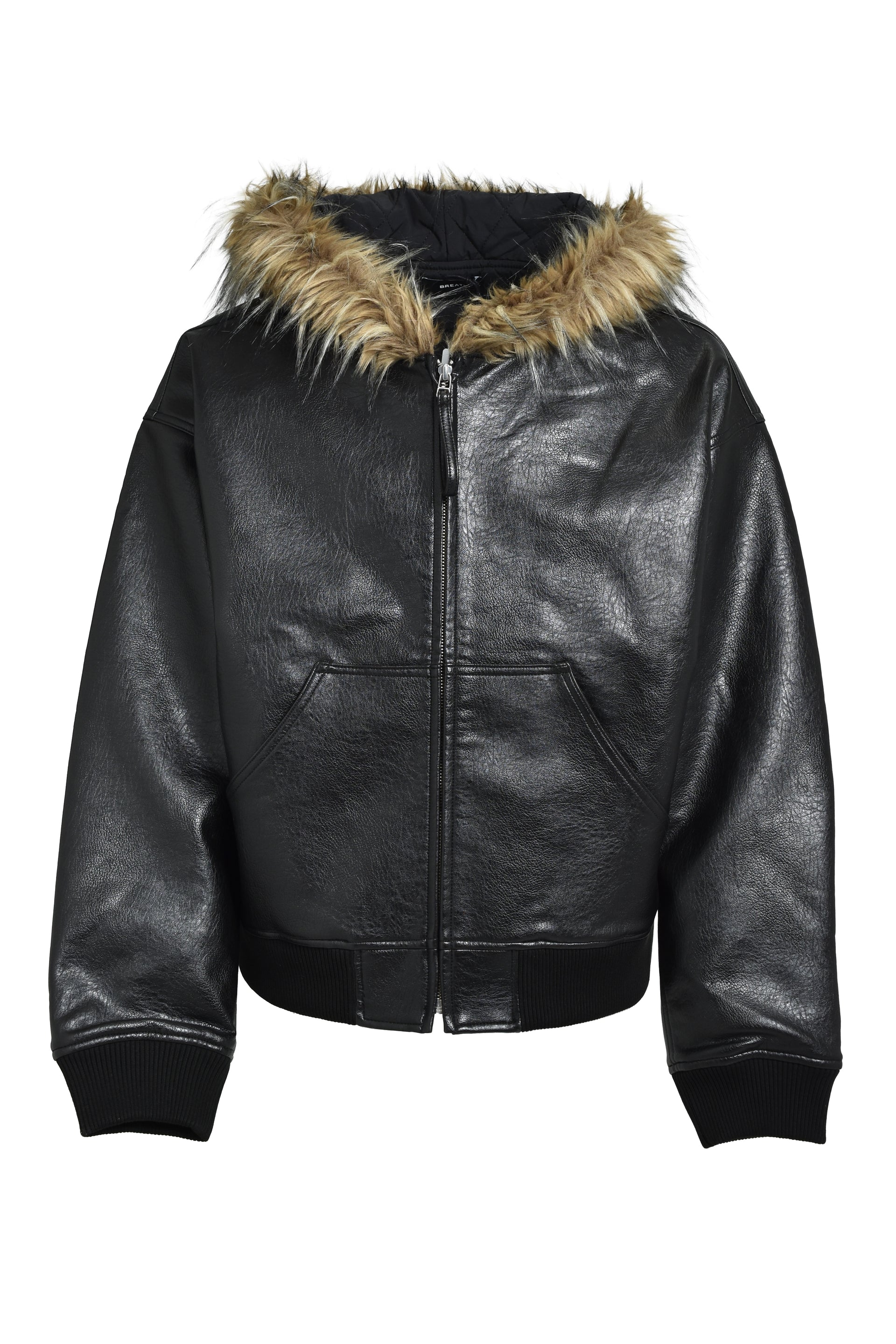 FAUX LEATHER FUR HOODED JACKET / BLK