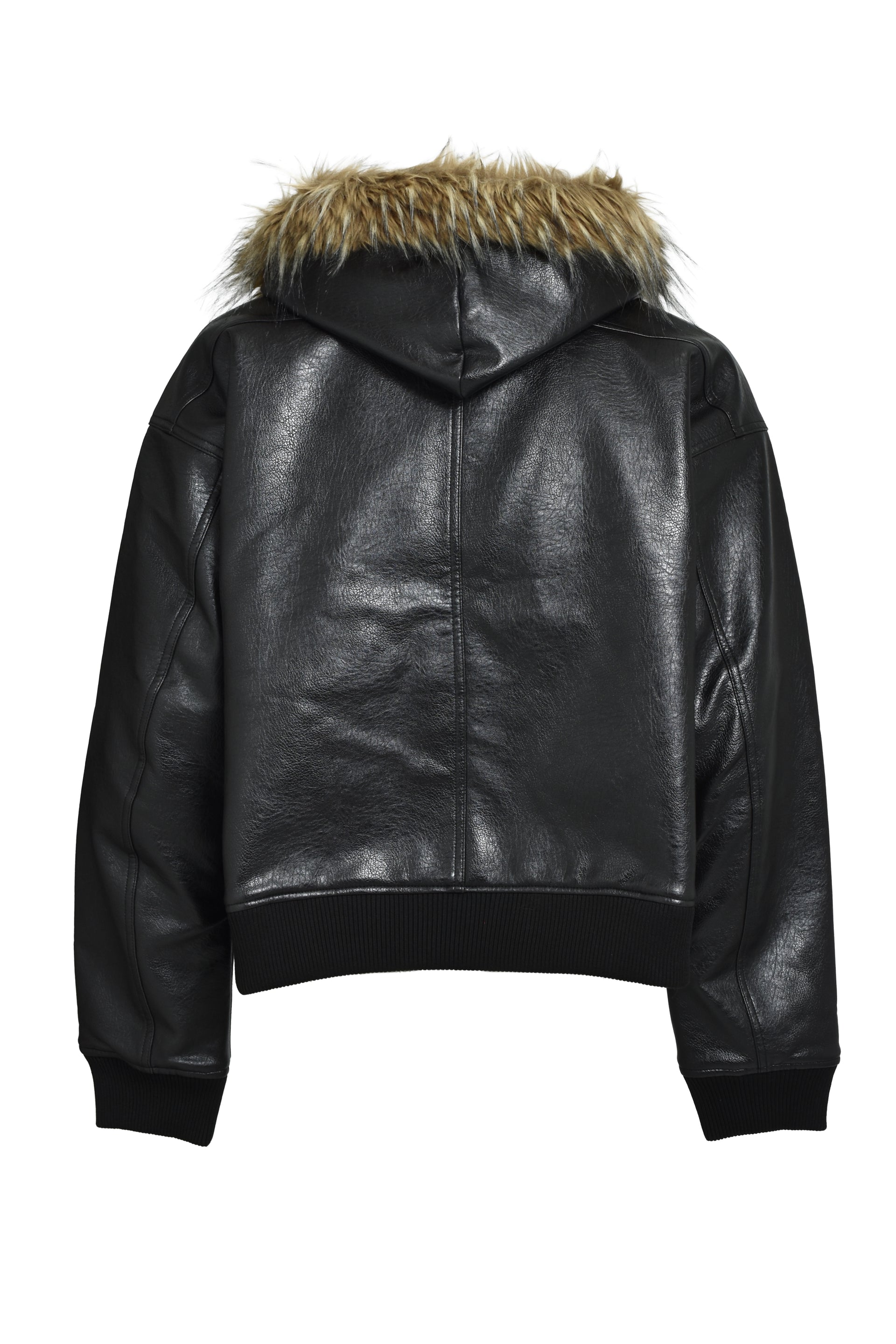 FAUX LEATHER FUR HOODED JACKET / BLK