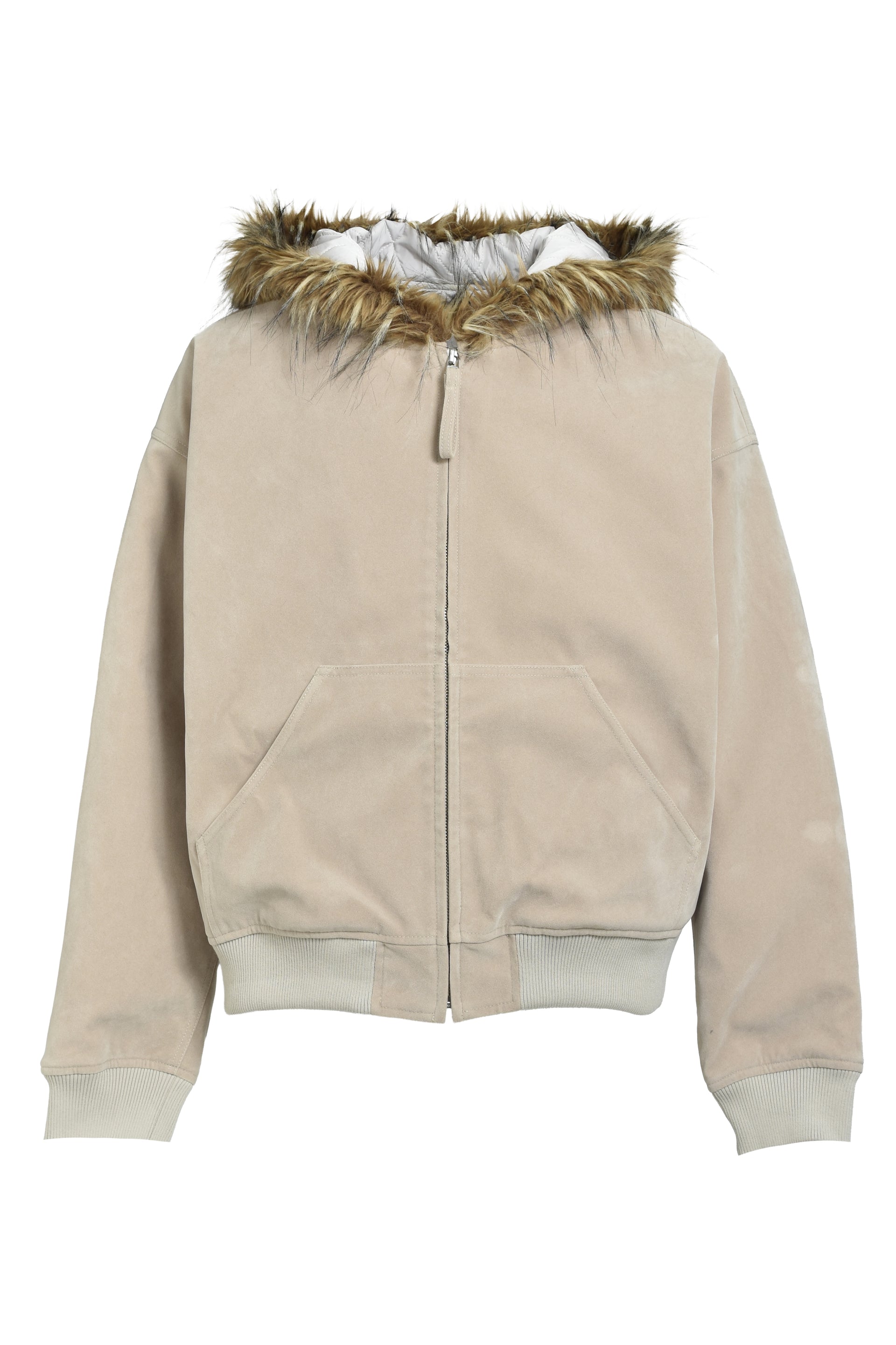 FAUX LEATHER FUR HOODED JACKET / BEI
