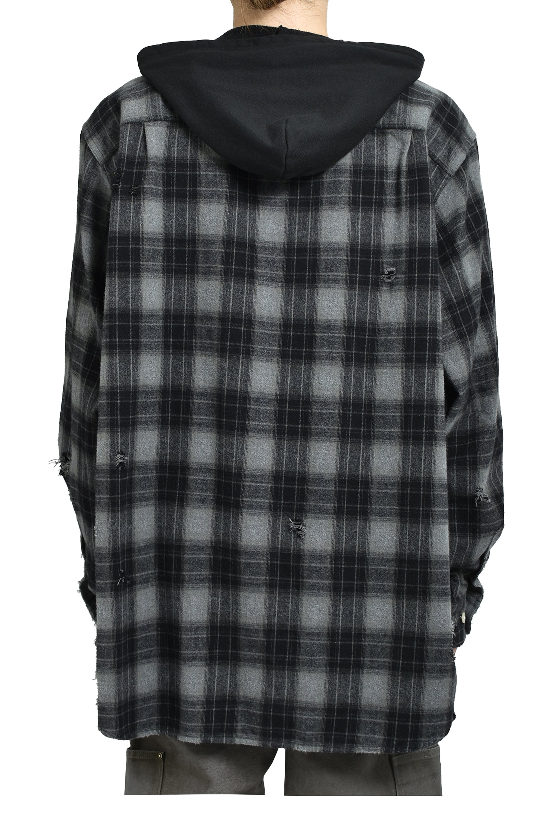 DISTRESSED HOODED CHECKED SHIRT / BLK