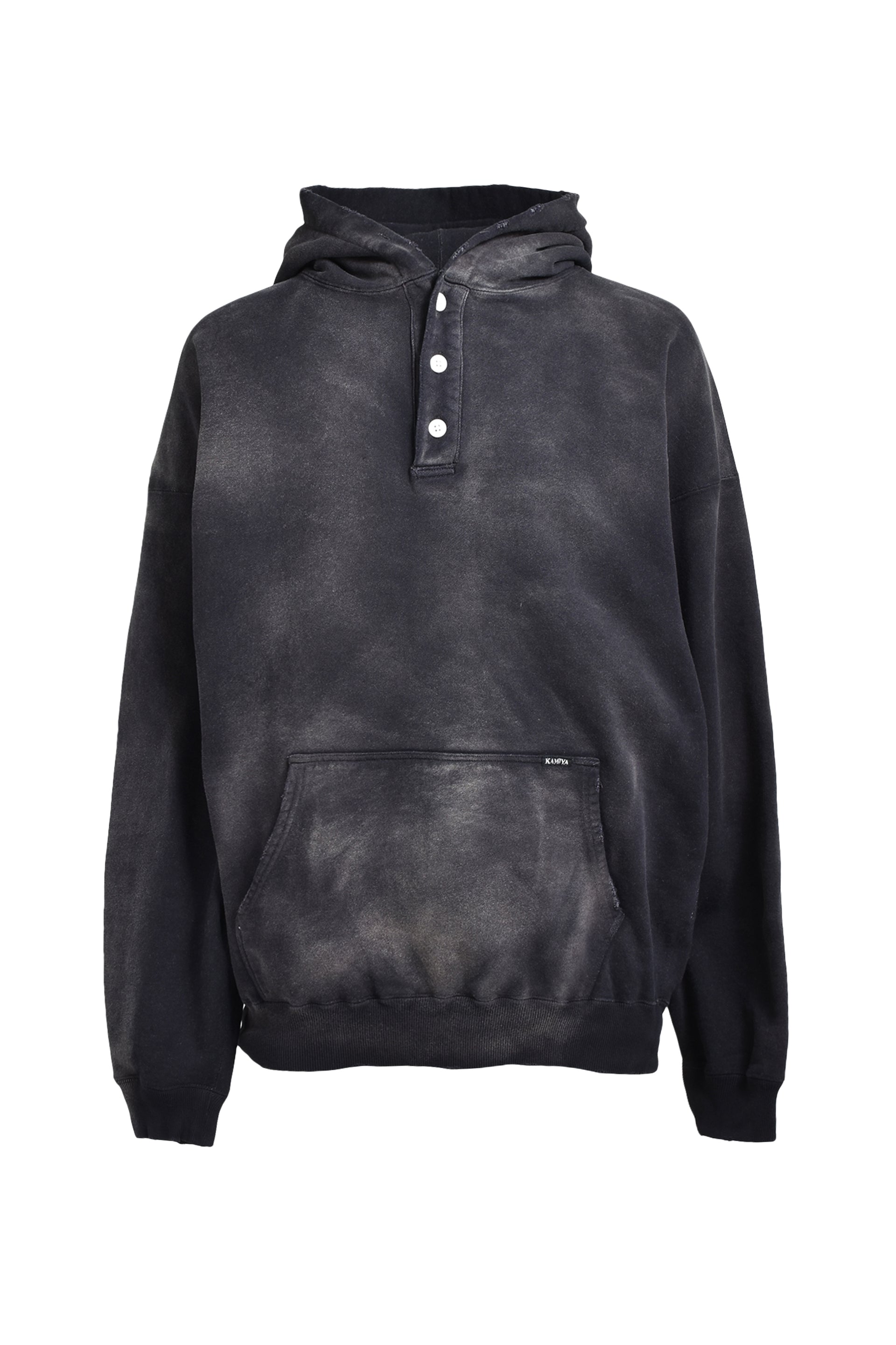 KAMIYA DISTRESSED HENRY NECK HOODIE / BLK