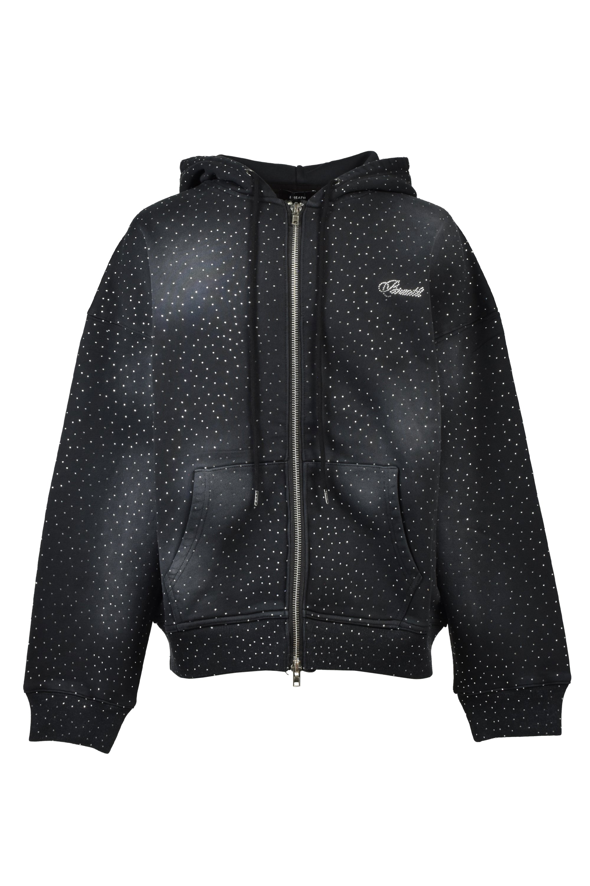 BREATH SS26 SCRIPT LOGO FADE RHINESTONE ZIP UP HOODIE / BLK - NUBIAN