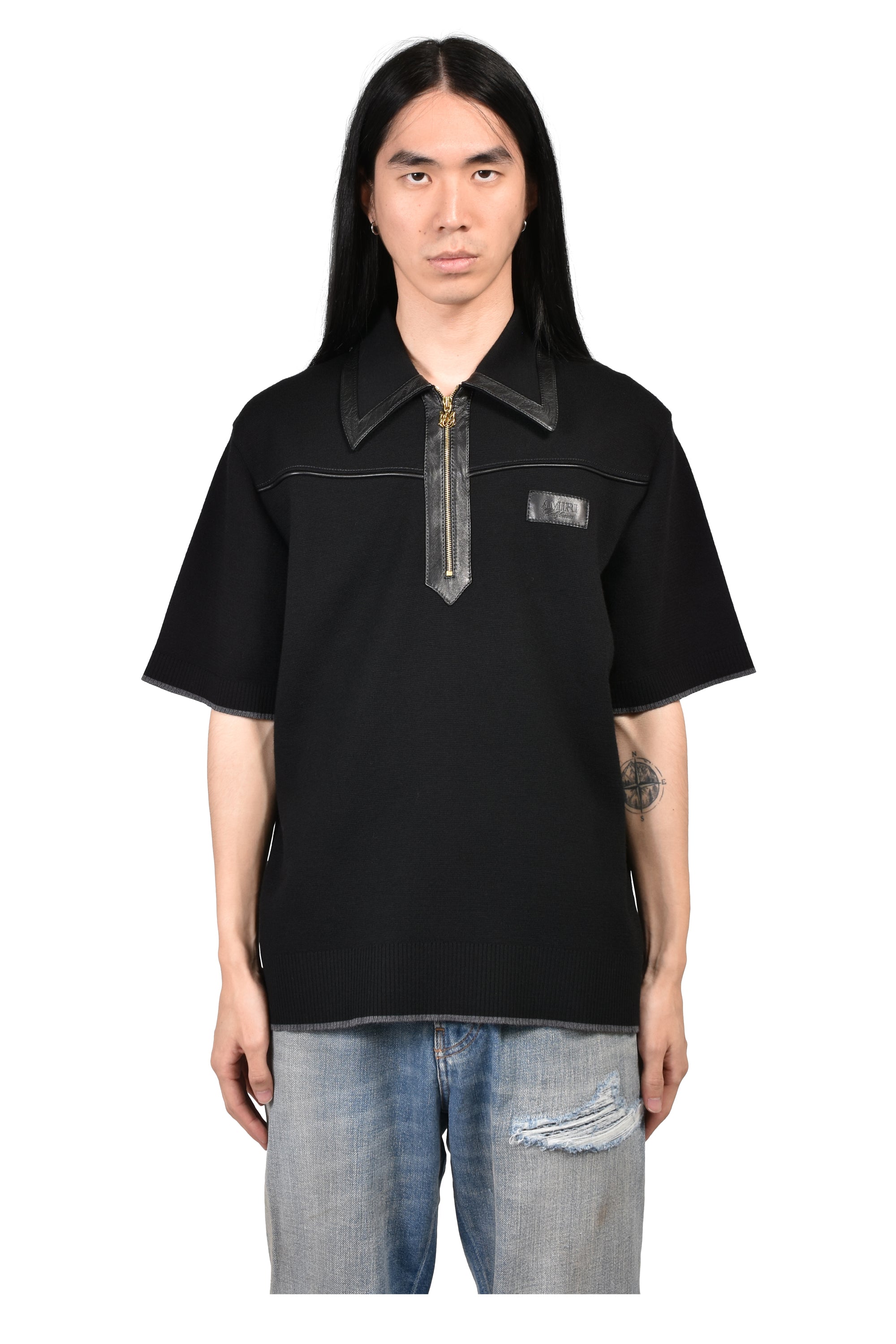 AMIRI アミリ FW26 LEATHER TRIM KNIT ZIPPED POLO / BLK - NUBIAN