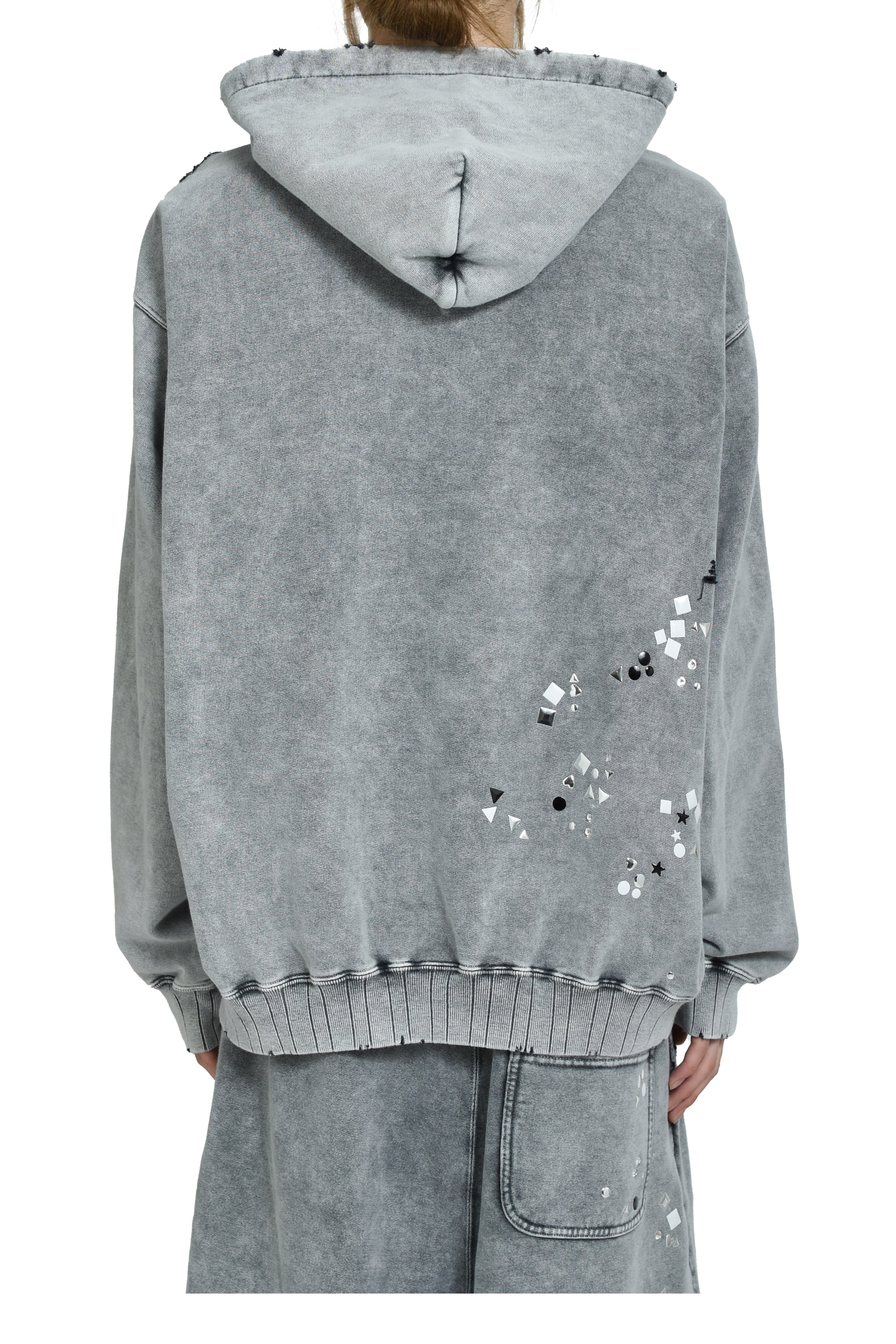 EMBELLISHED BLEACHED HOODIE / GRY