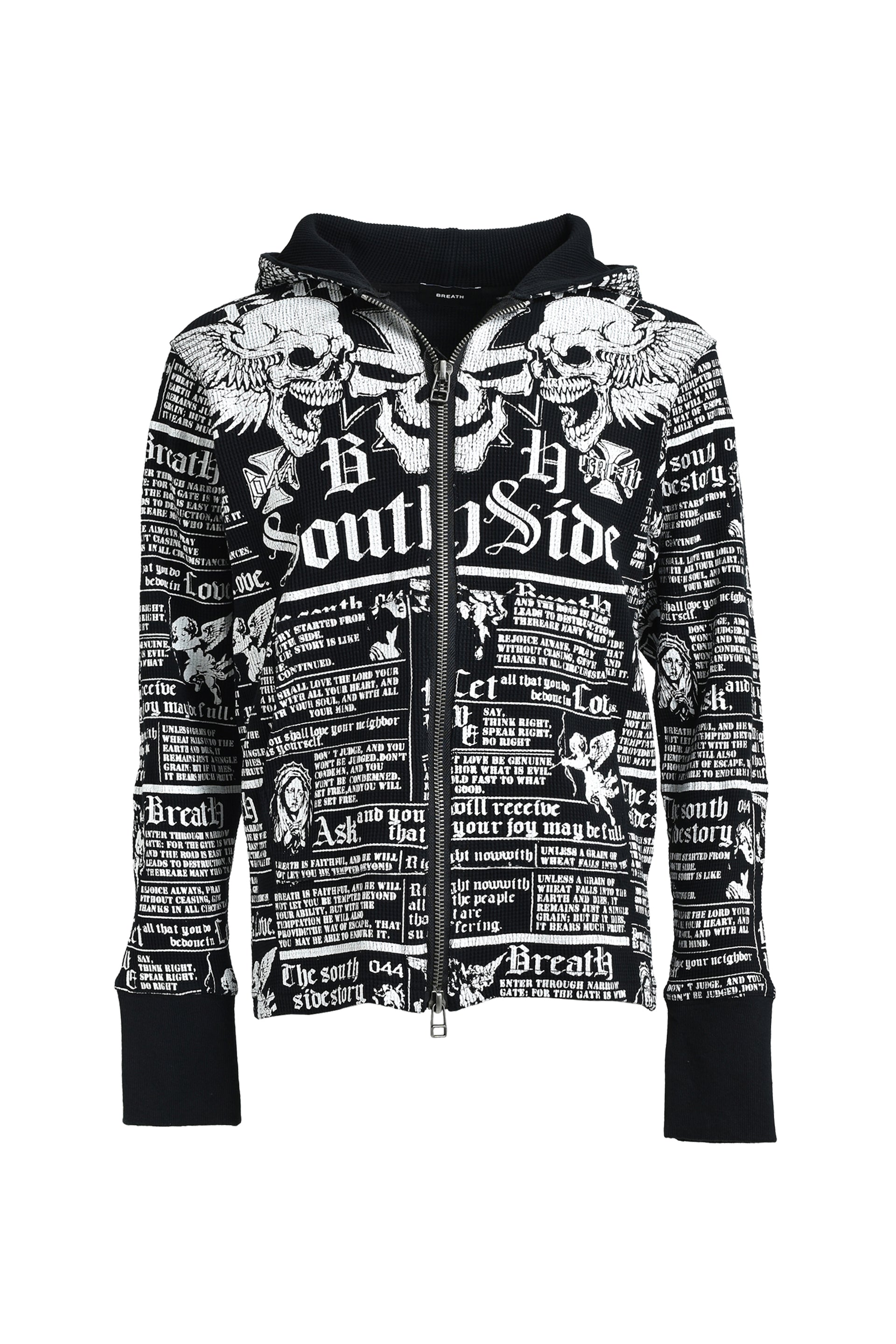 SKULL WASH WAFFLE ZIP UP HOODE / BLK