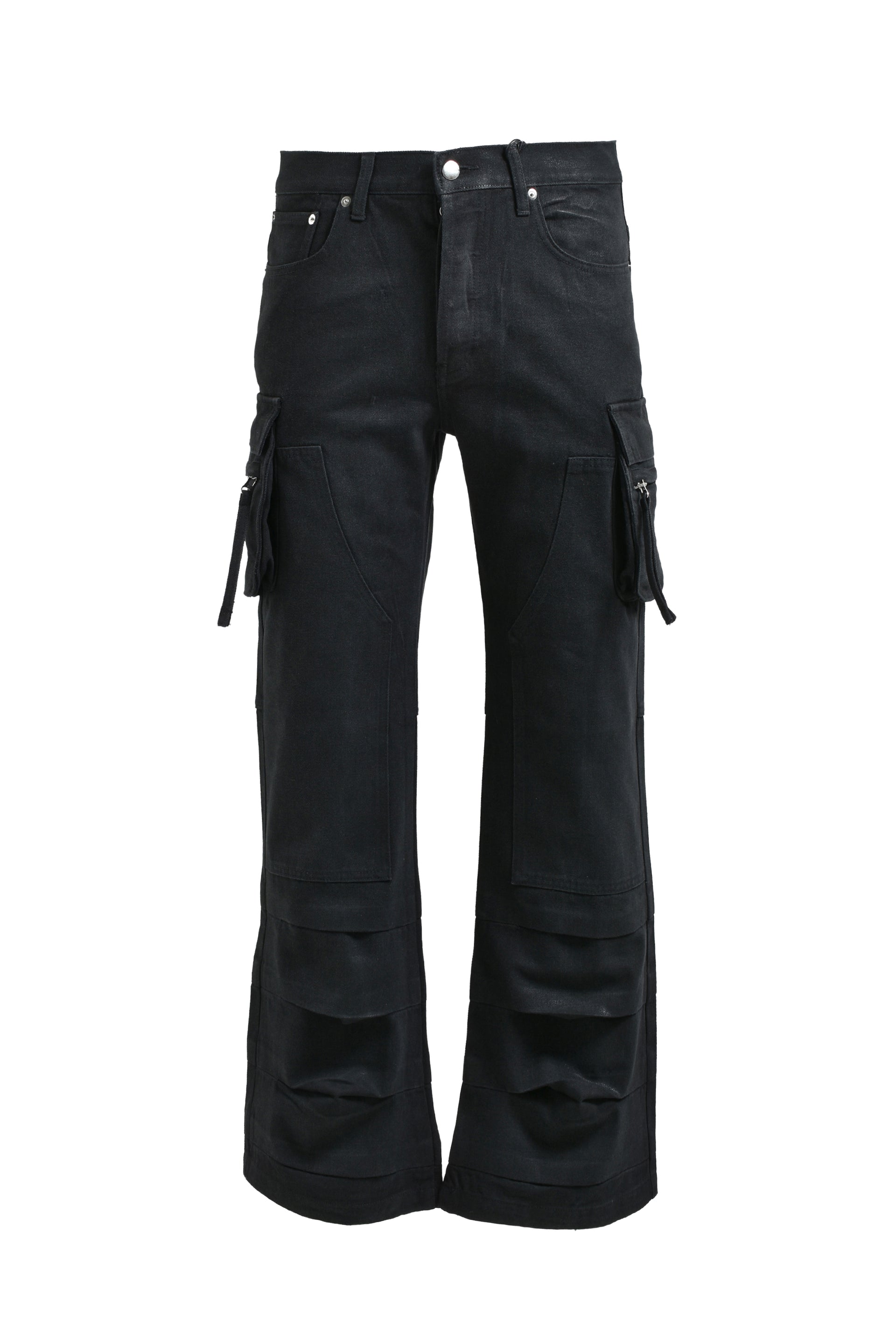 COATING DOUBLE KNEE FLARE DENIM / BLK