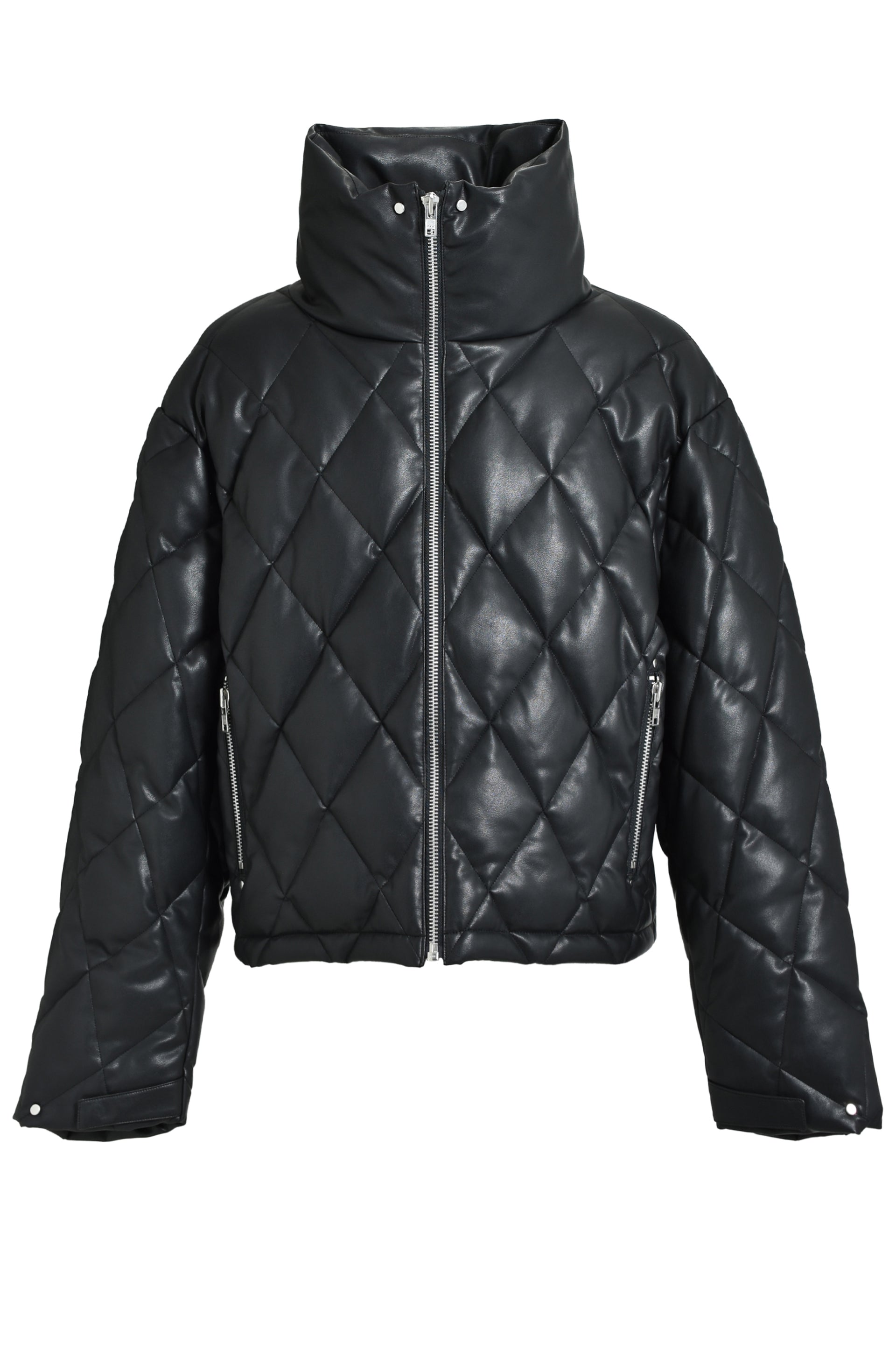 FAUX LEATHER QUILTING DOWN JACKET / BLK