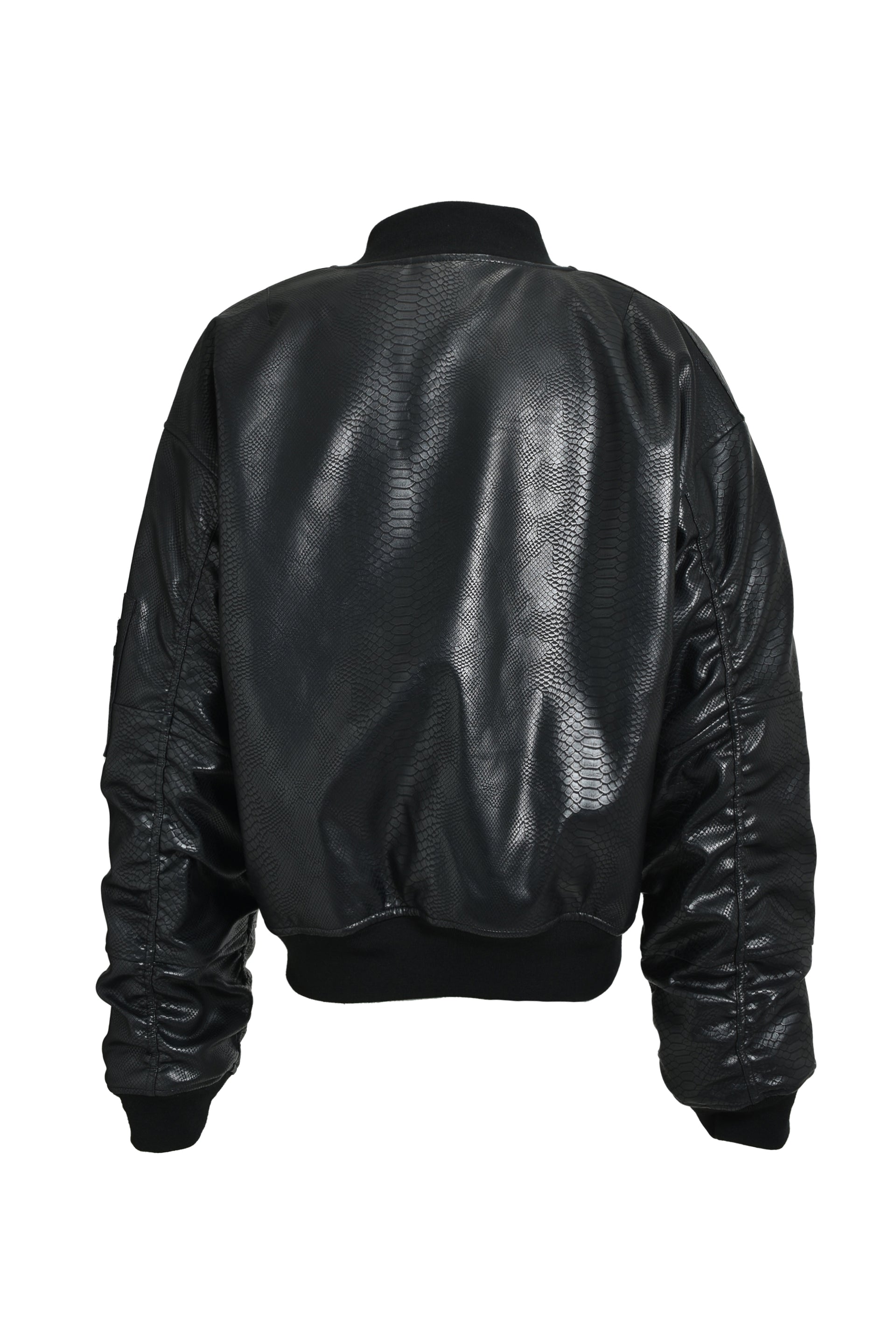 FAUX LEATHER PYTHON BOMBER JACKET / BLK