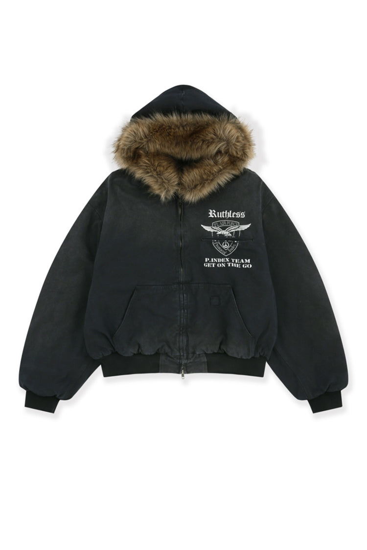 DETACHABLE FUR HOODIED WORK JACKET / BLK