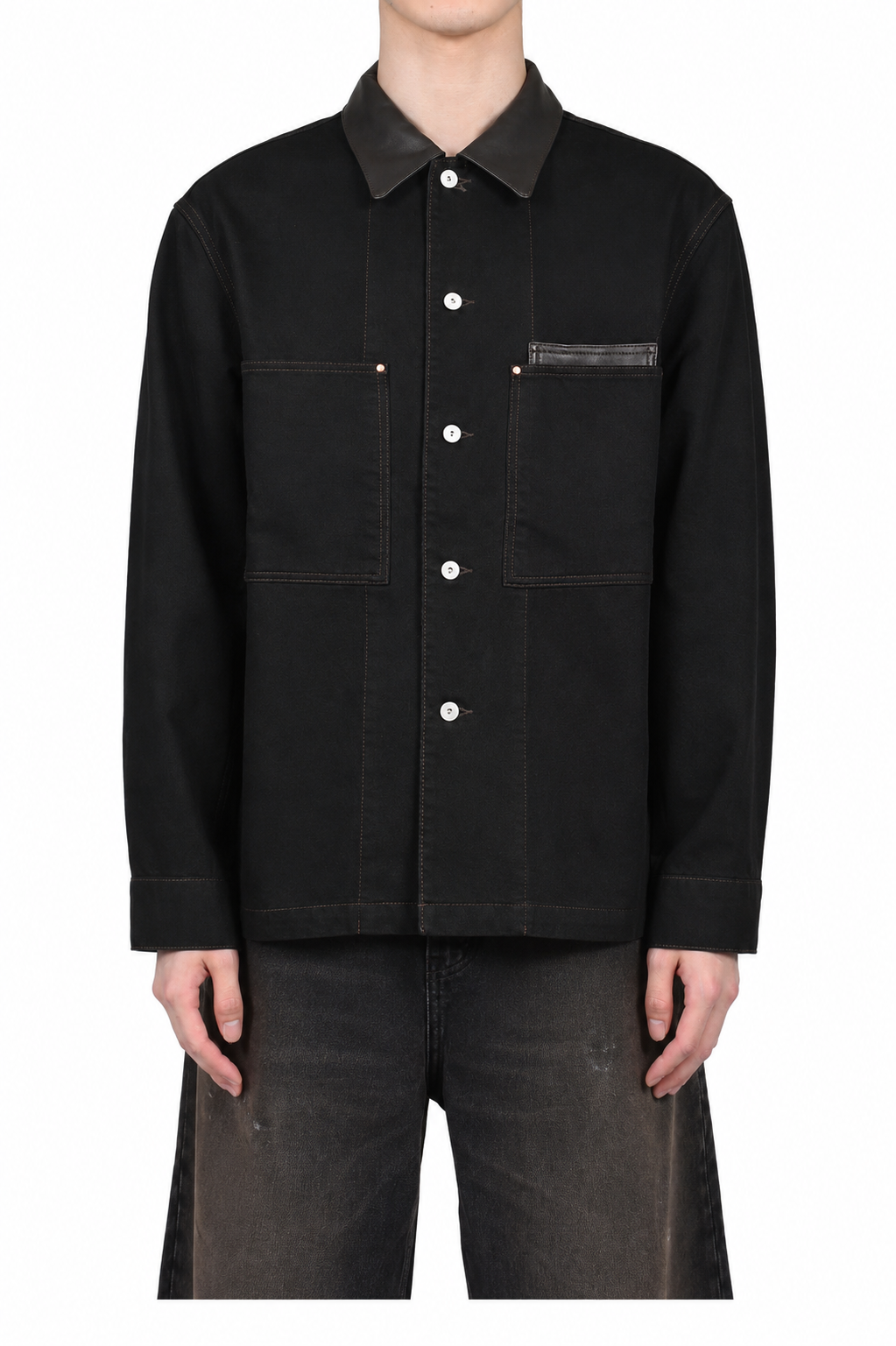 LEMAIRE SS26 WORKWEAR OVERSHIRT WITH LEATHER COLLAR / BLK - NUBIAN