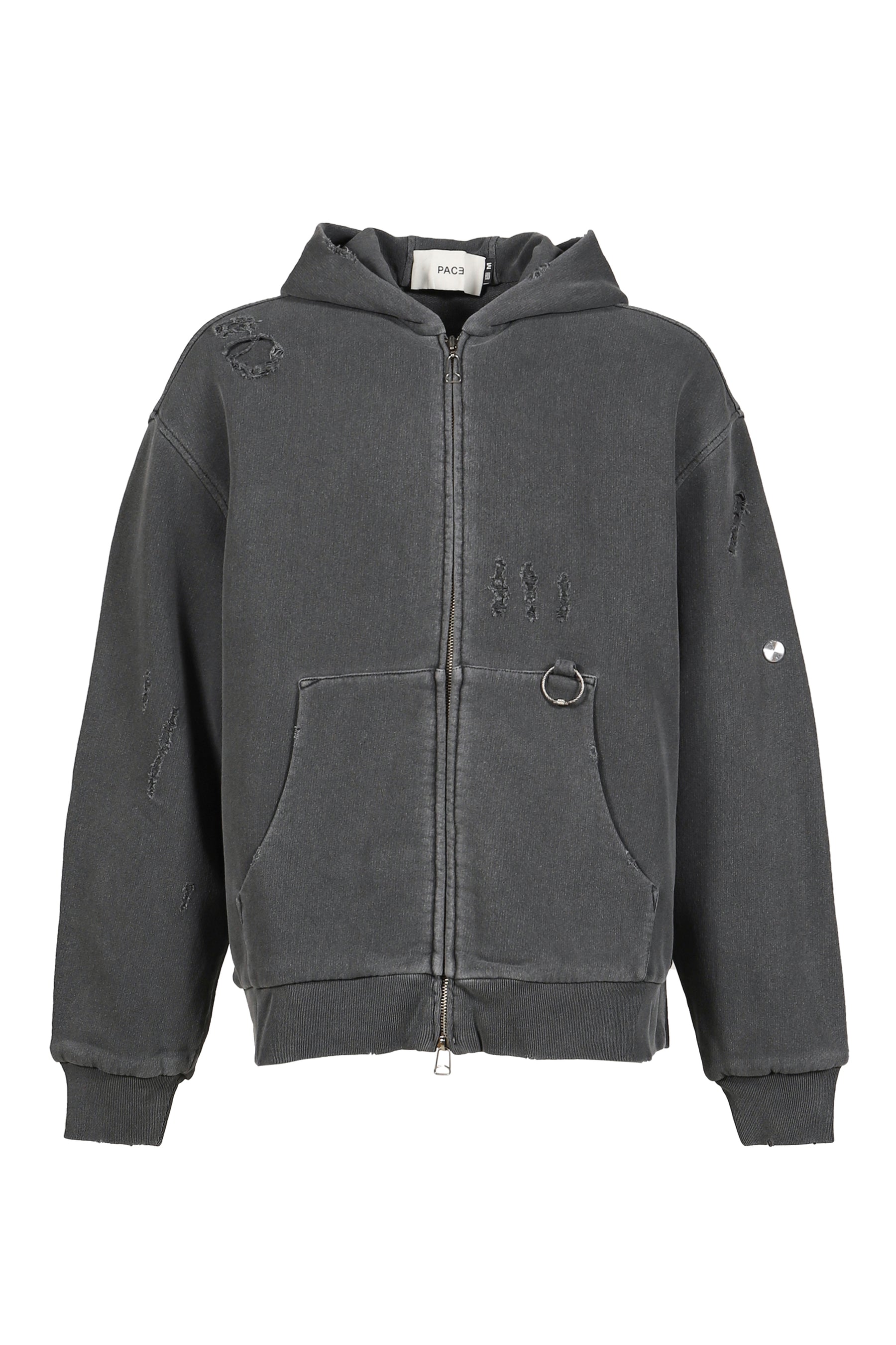 RIPPED ZIP HOODIE / STONE GRY