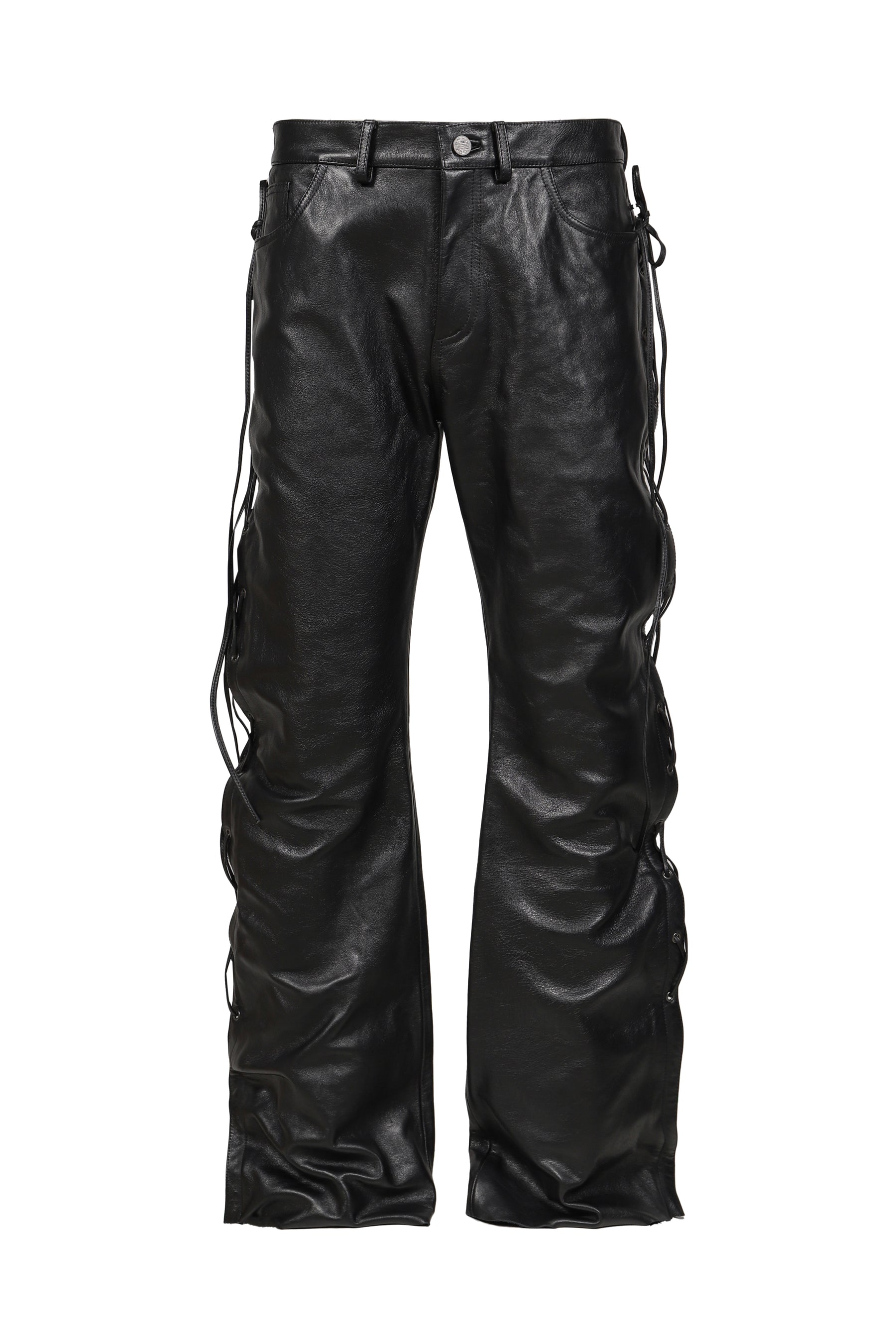 O-LEG LEATHER PANTS WITH SIDE LACE-UP / BLK