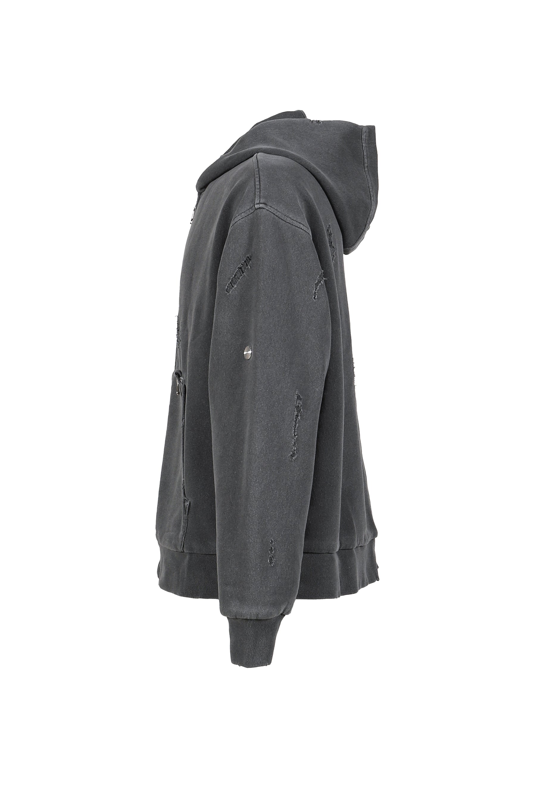 RIPPED ZIP HOODIE / STONE GRY