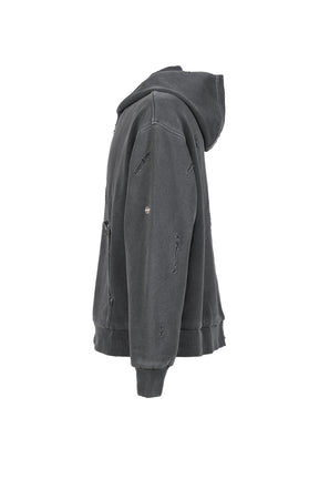 RIPPED ZIP HOODIE / STONE GRY