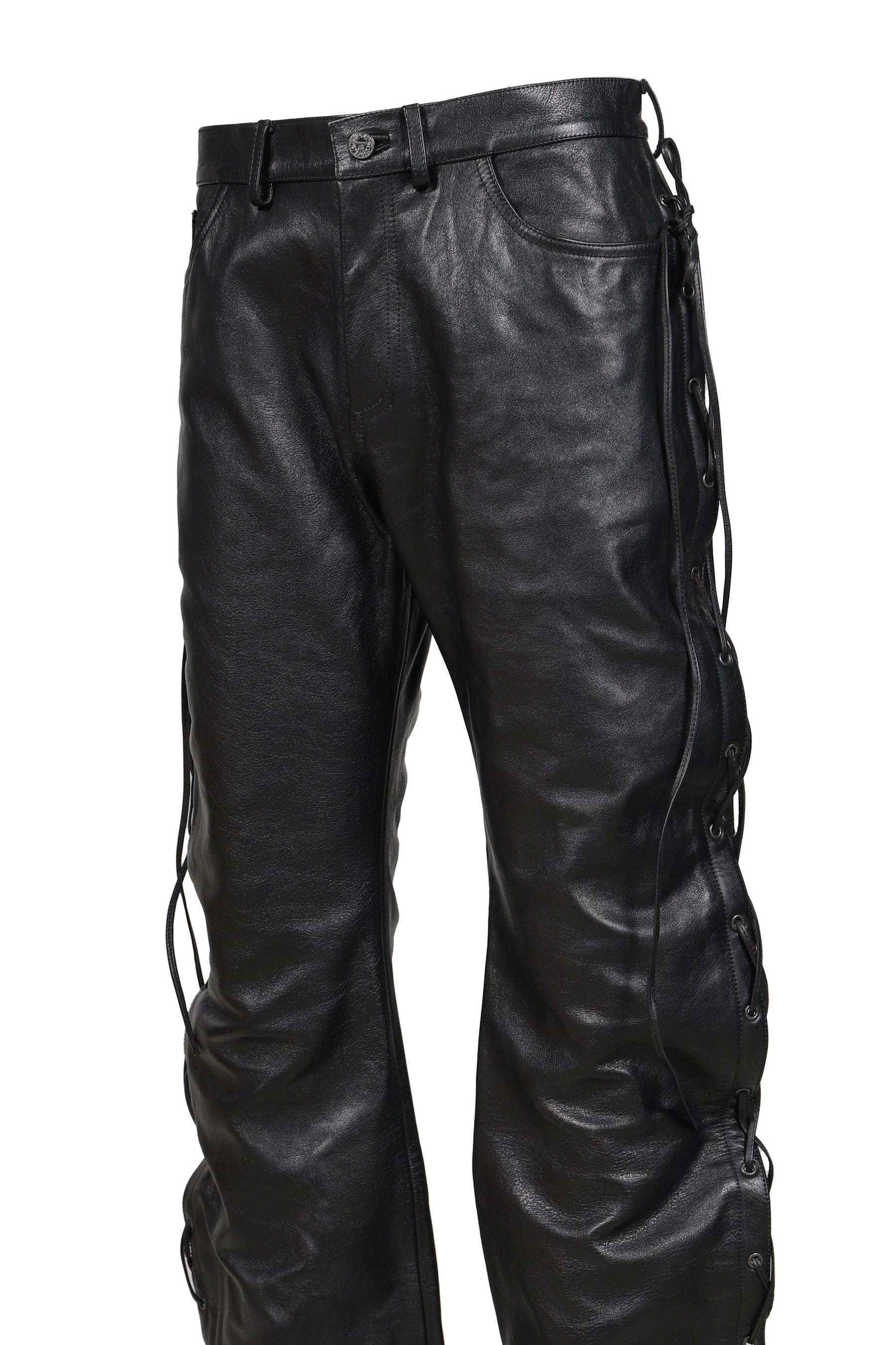 O-LEG LEATHER PANTS WITH SIDE LACE-UP / BLK