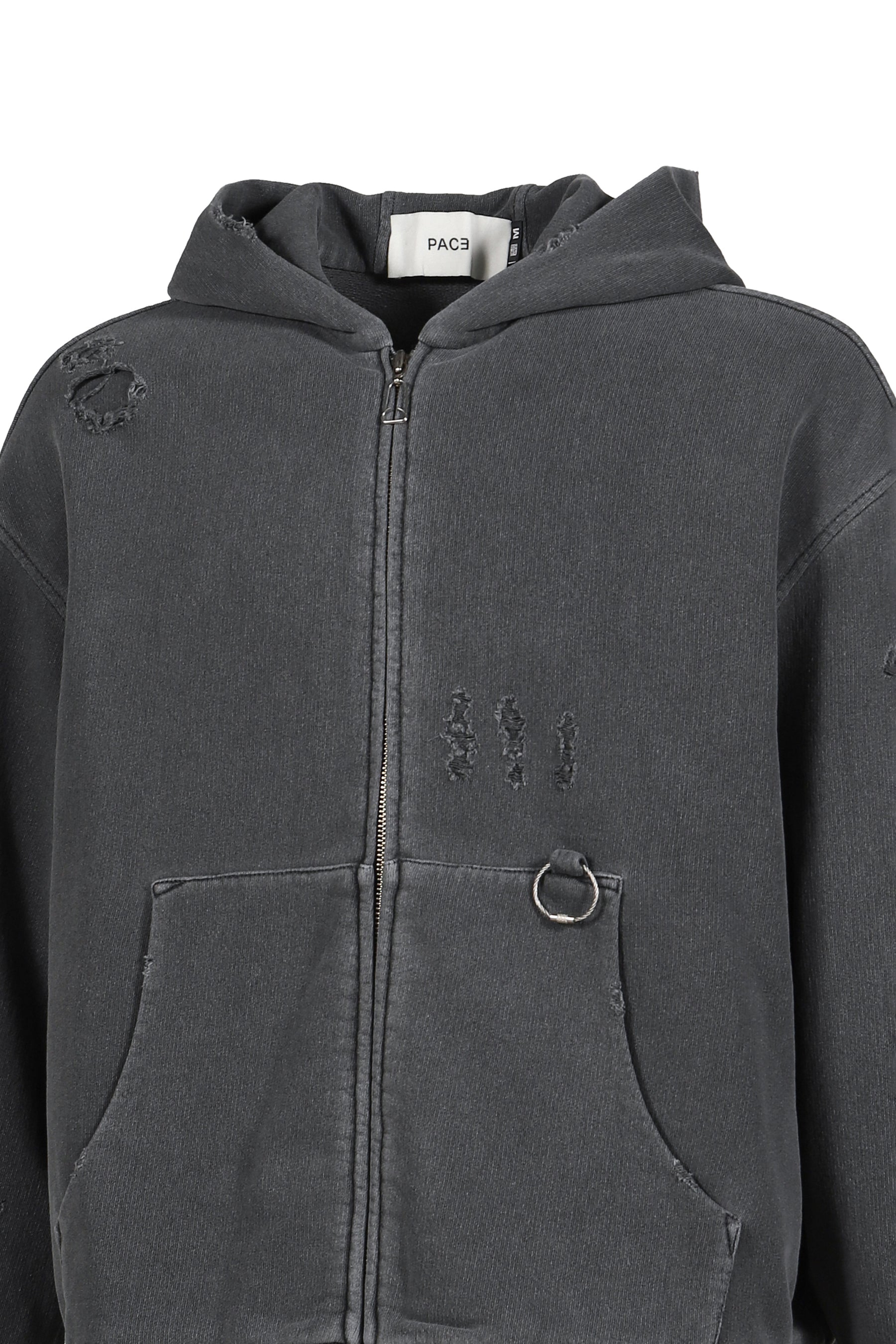 RIPPED ZIP HOODIE / STONE GRY