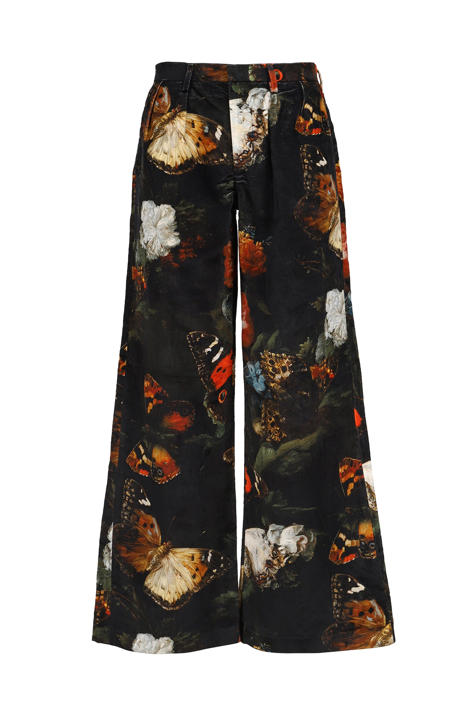 DOUBLE PLEAT FLARE TROUSER / FLORAL BUTTERFLY ON BLK