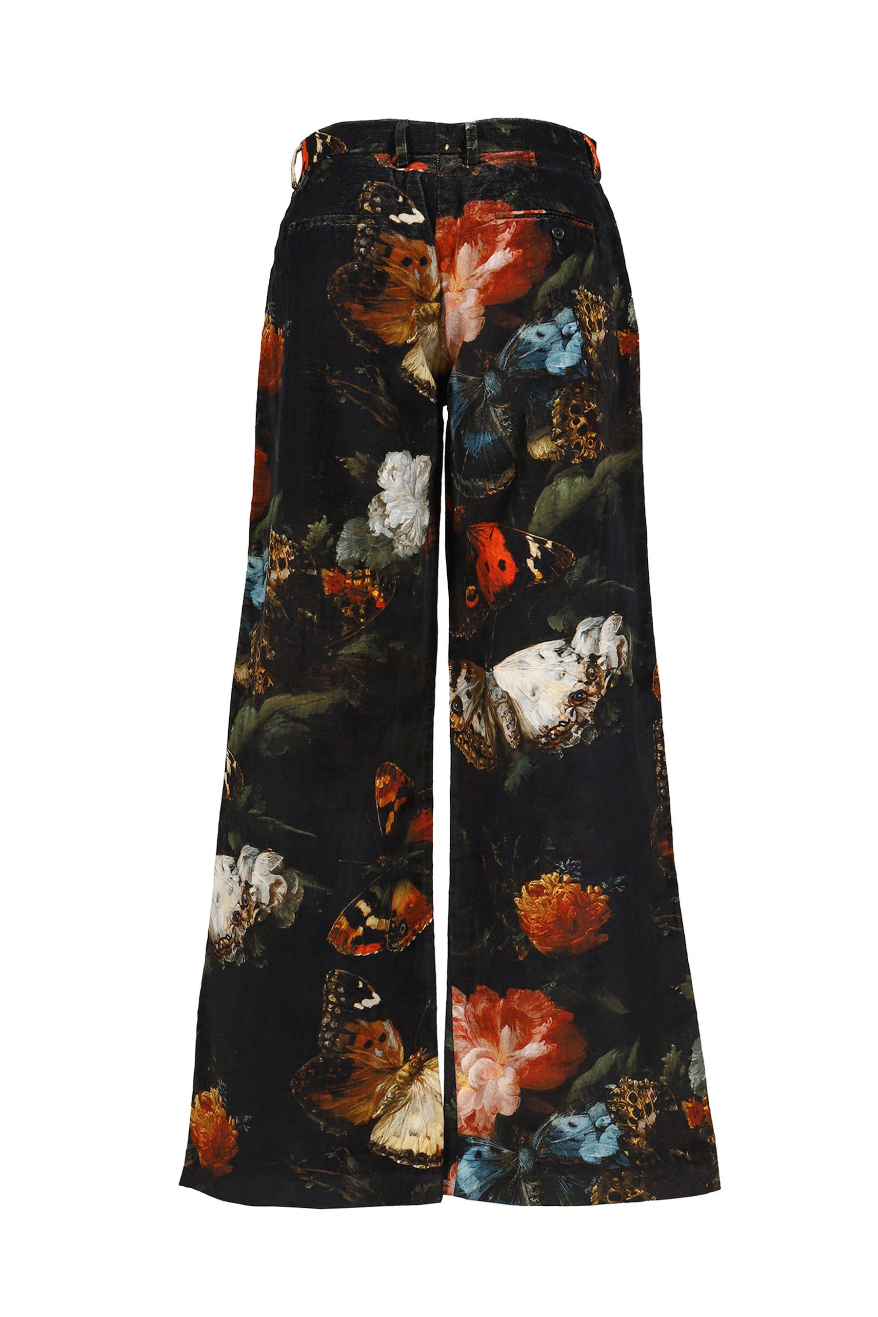DOUBLE PLEAT FLARE TROUSER / FLORAL BUTTERFLY ON BLK