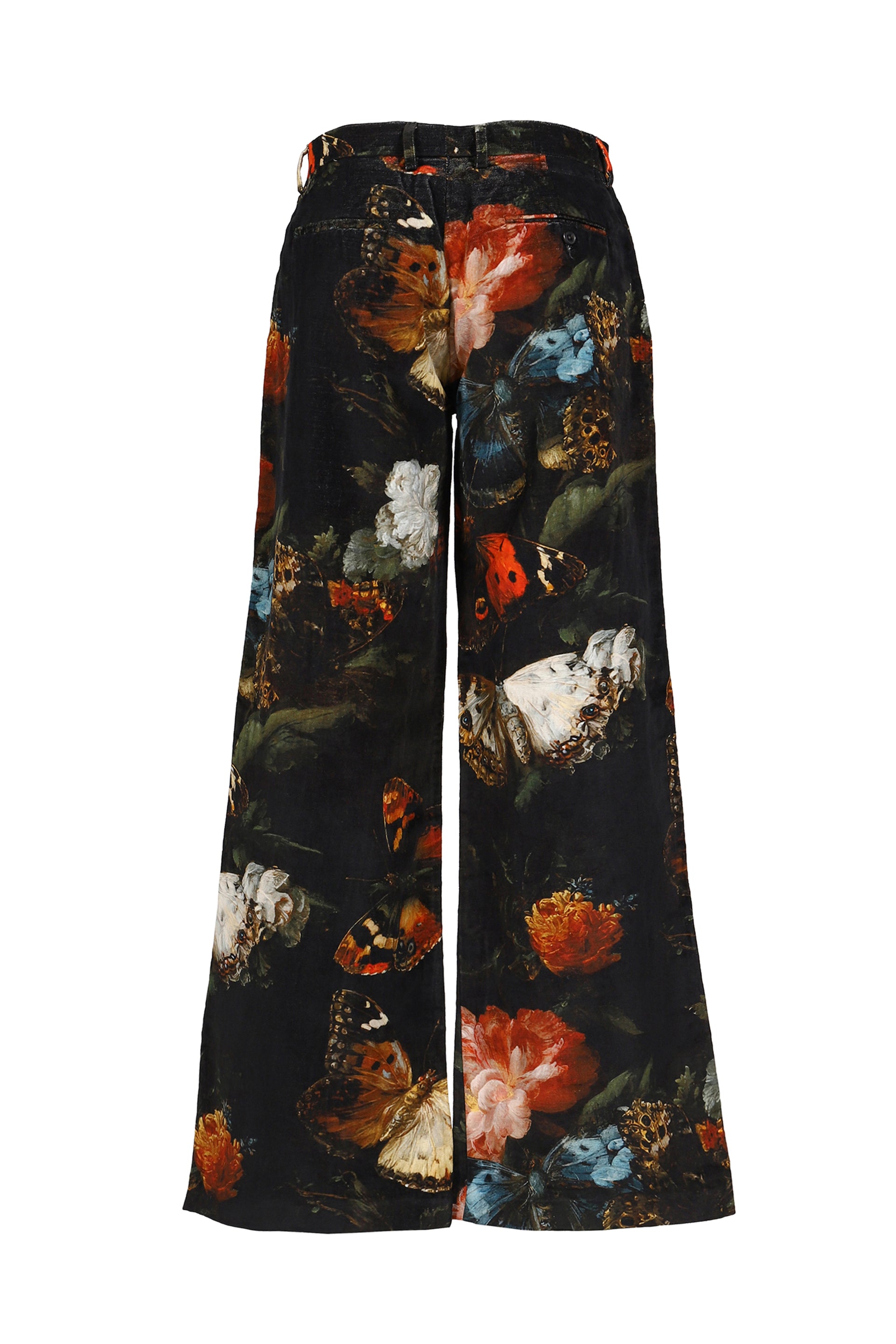 DOUBLE PLEAT FLARE TROUSER / FLORAL BUTTERFLY ON BLK