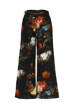 DOUBLE PLEAT FLARE TROUSER / FLORAL BUTTERFLY ON BLK