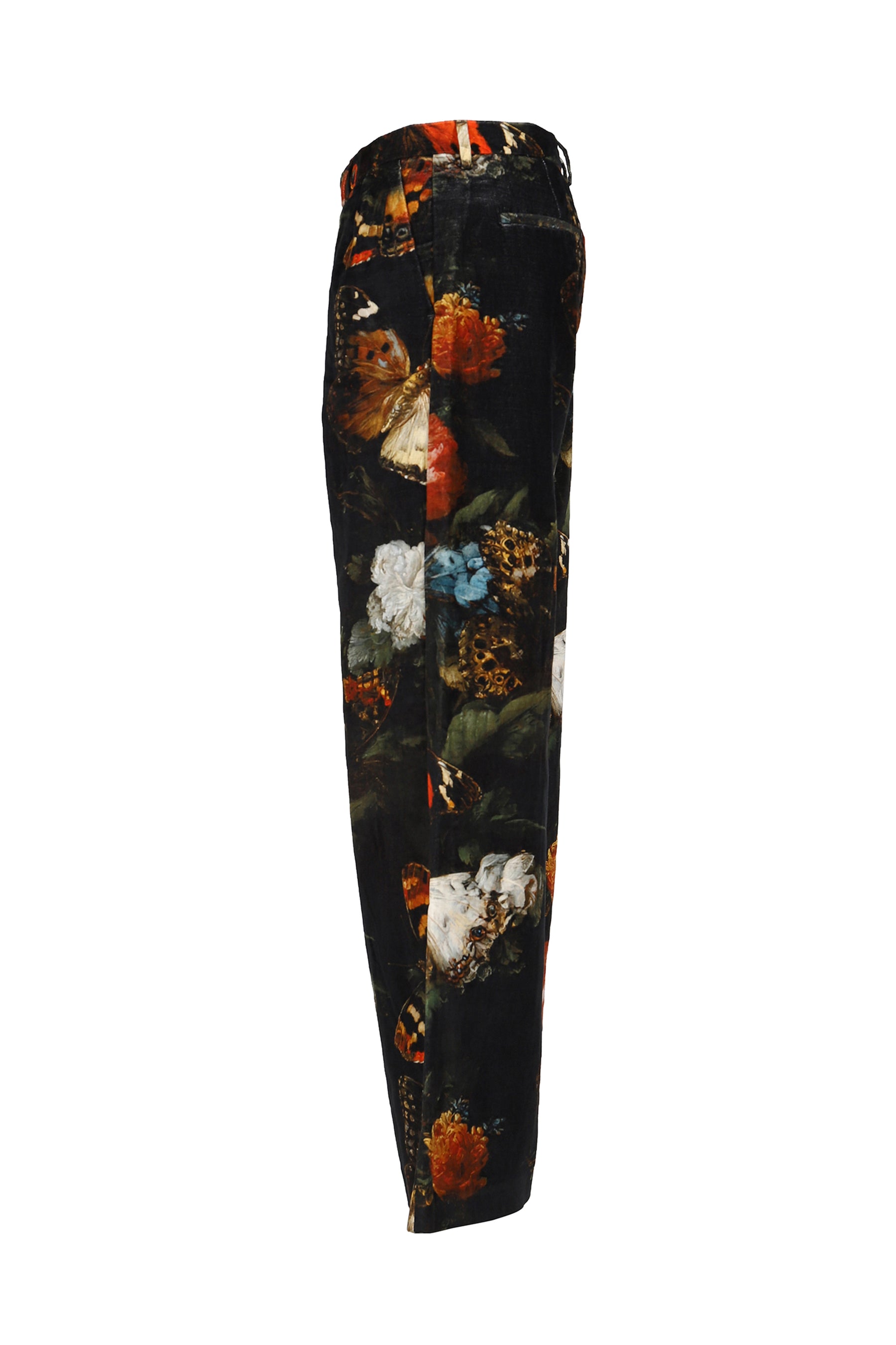 DOUBLE PLEAT FLARE TROUSER / FLORAL BUTTERFLY ON BLK