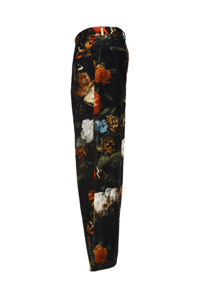 DOUBLE PLEAT FLARE TROUSER / FLORAL BUTTERFLY ON BLK