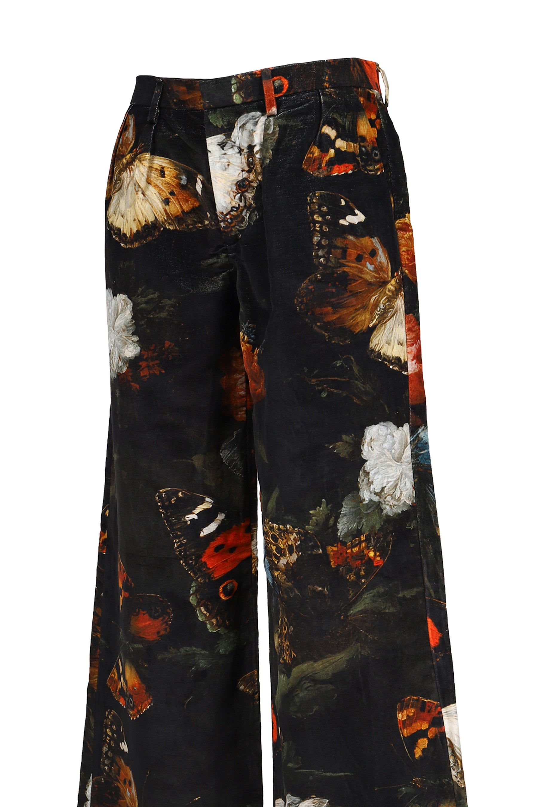 DOUBLE PLEAT FLARE TROUSER / FLORAL BUTTERFLY ON BLK