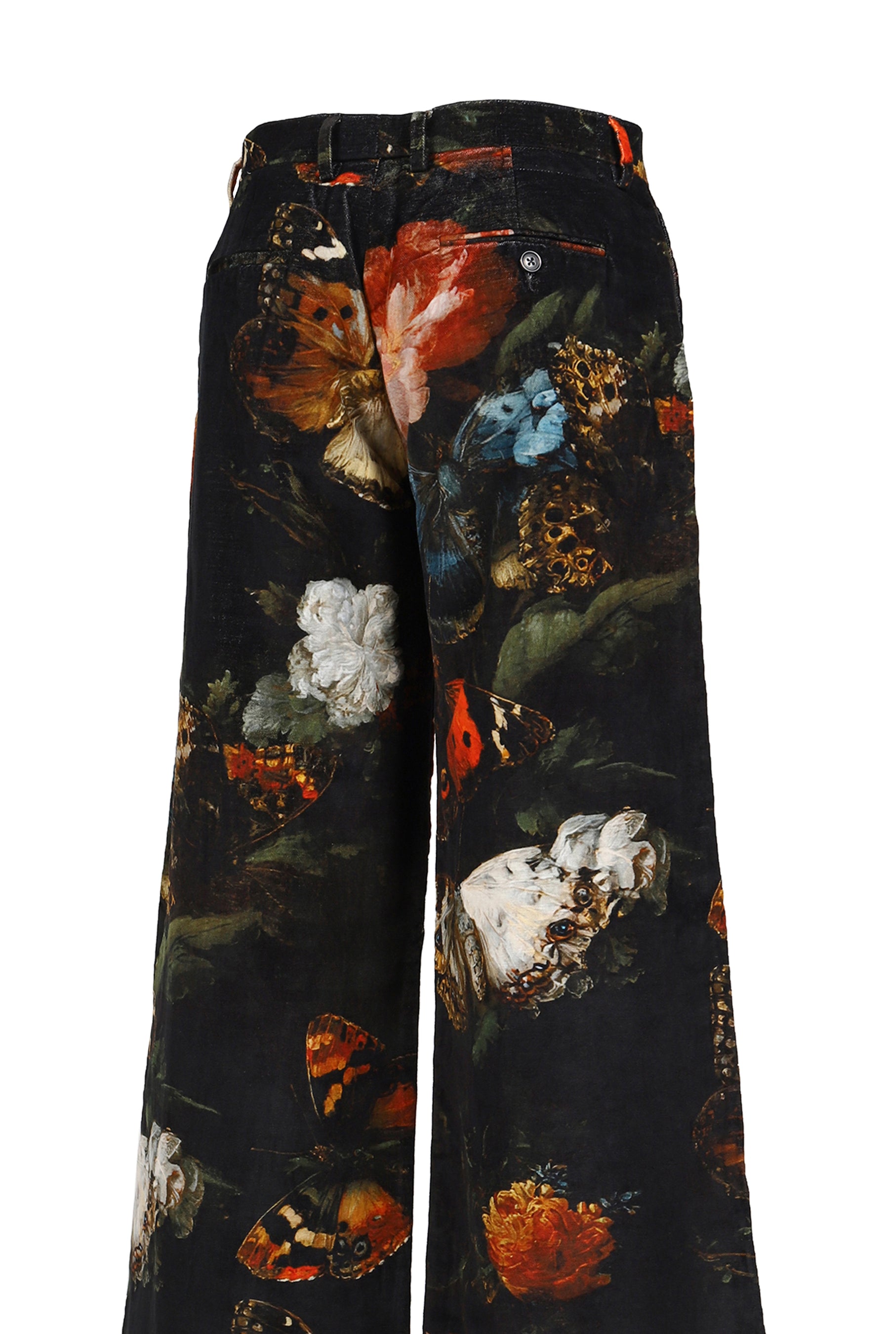 DOUBLE PLEAT FLARE TROUSER / FLORAL BUTTERFLY ON BLK