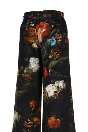 DOUBLE PLEAT FLARE TROUSER / FLORAL BUTTERFLY ON BLK
