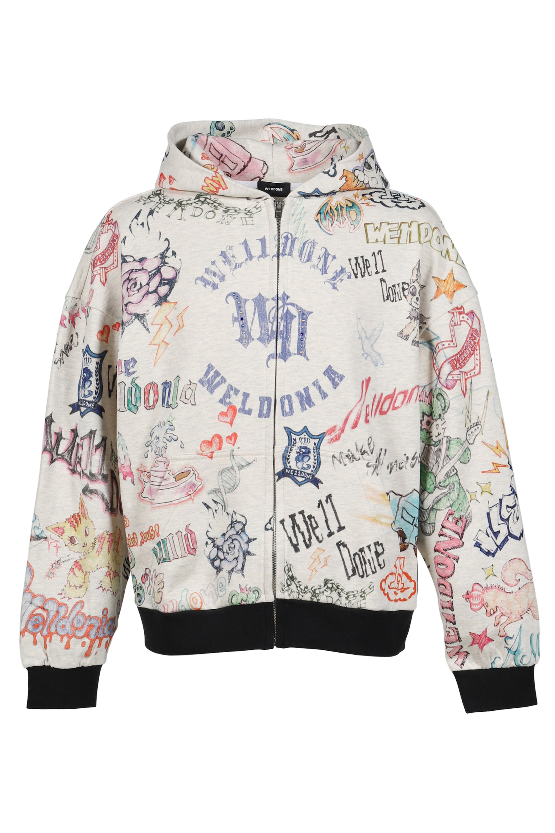 DOODLE PRINTED ZIP-UP HOODIE / M/GREY