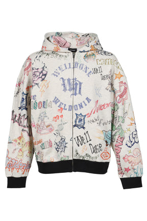 DOODLE PRINTED ZIP-UP HOODIE / M/GREY
