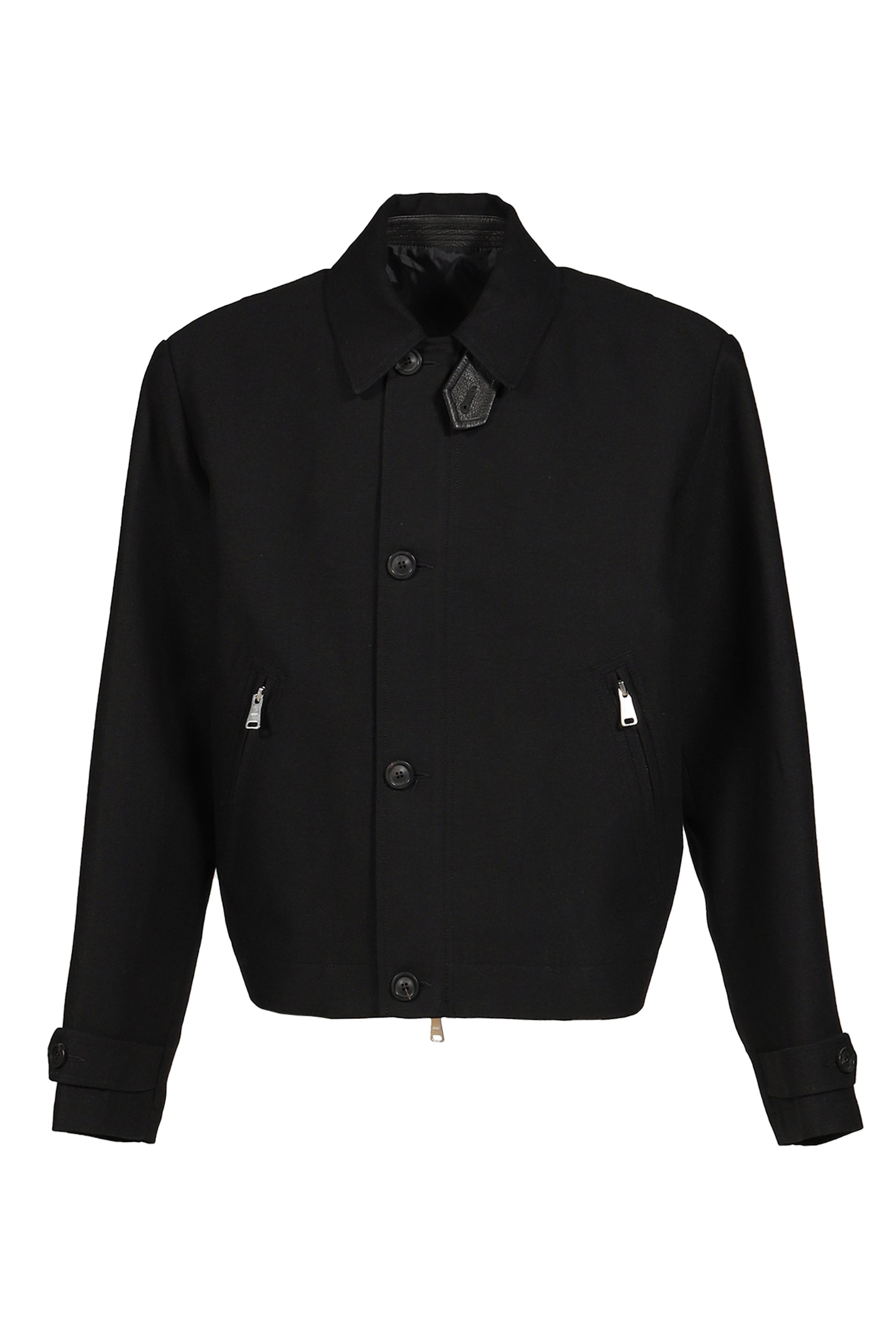 WOOL LINEN BLEND LEATHER TAB JACKET / BLK