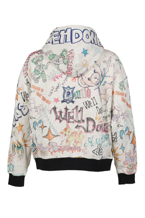 DOODLE PRINTED ZIP-UP HOODIE / M/GREY