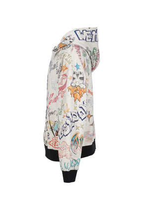 DOODLE PRINTED ZIP-UP HOODIE / M/GREY