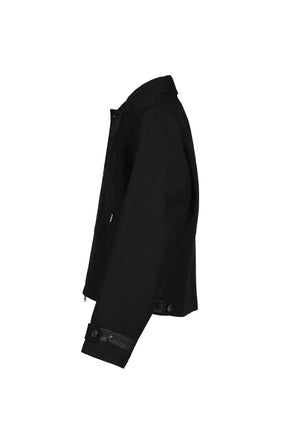 WOOL LINEN BLEND LEATHER TAB JACKET / BLK