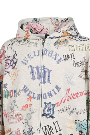 DOODLE PRINTED ZIP-UP HOODIE / M/GREY