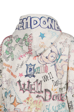 DOODLE PRINTED ZIP-UP HOODIE / M/GREY