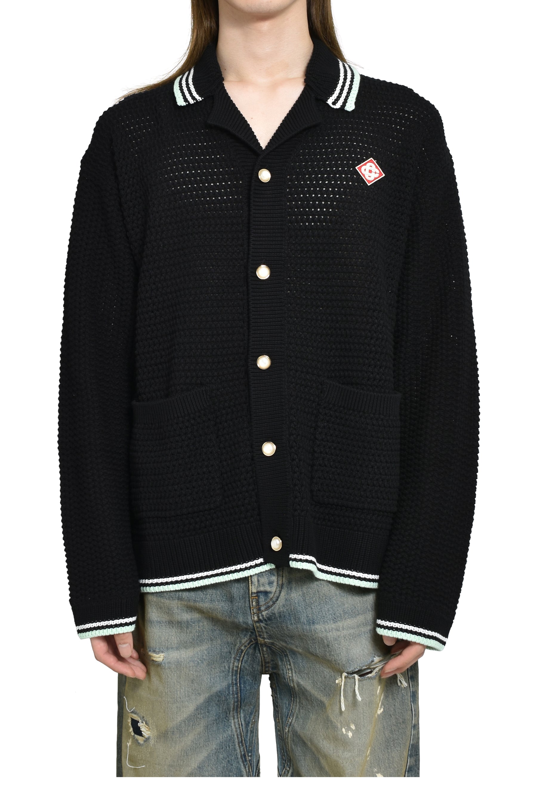 EMBROIDERED FAUX CROCHET SHIRT / BLK