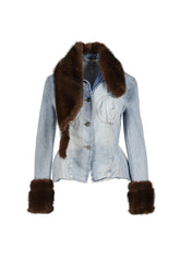 FAUX FUR TIPPET DENIM JACKET / LIGHT WASH BRW