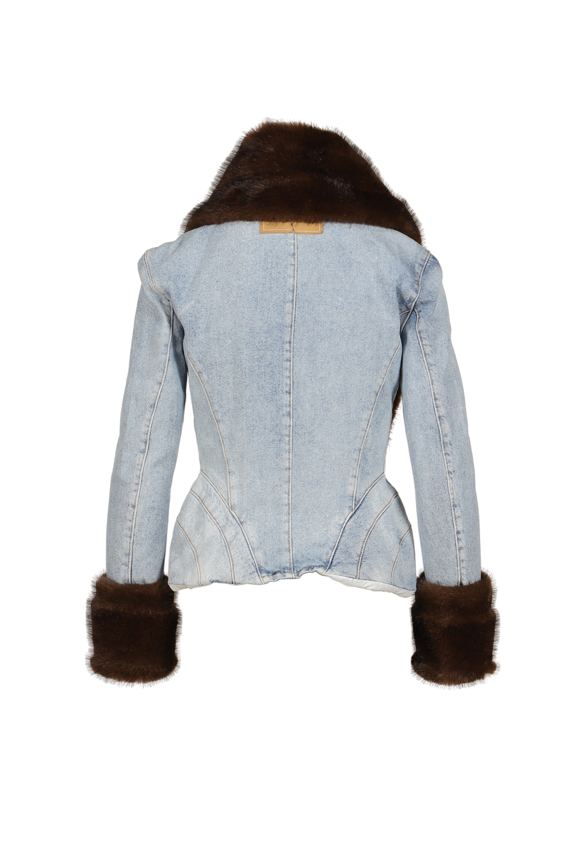 FAUX FUR TIPPET DENIM JACKET / LIGHT WASH BRW