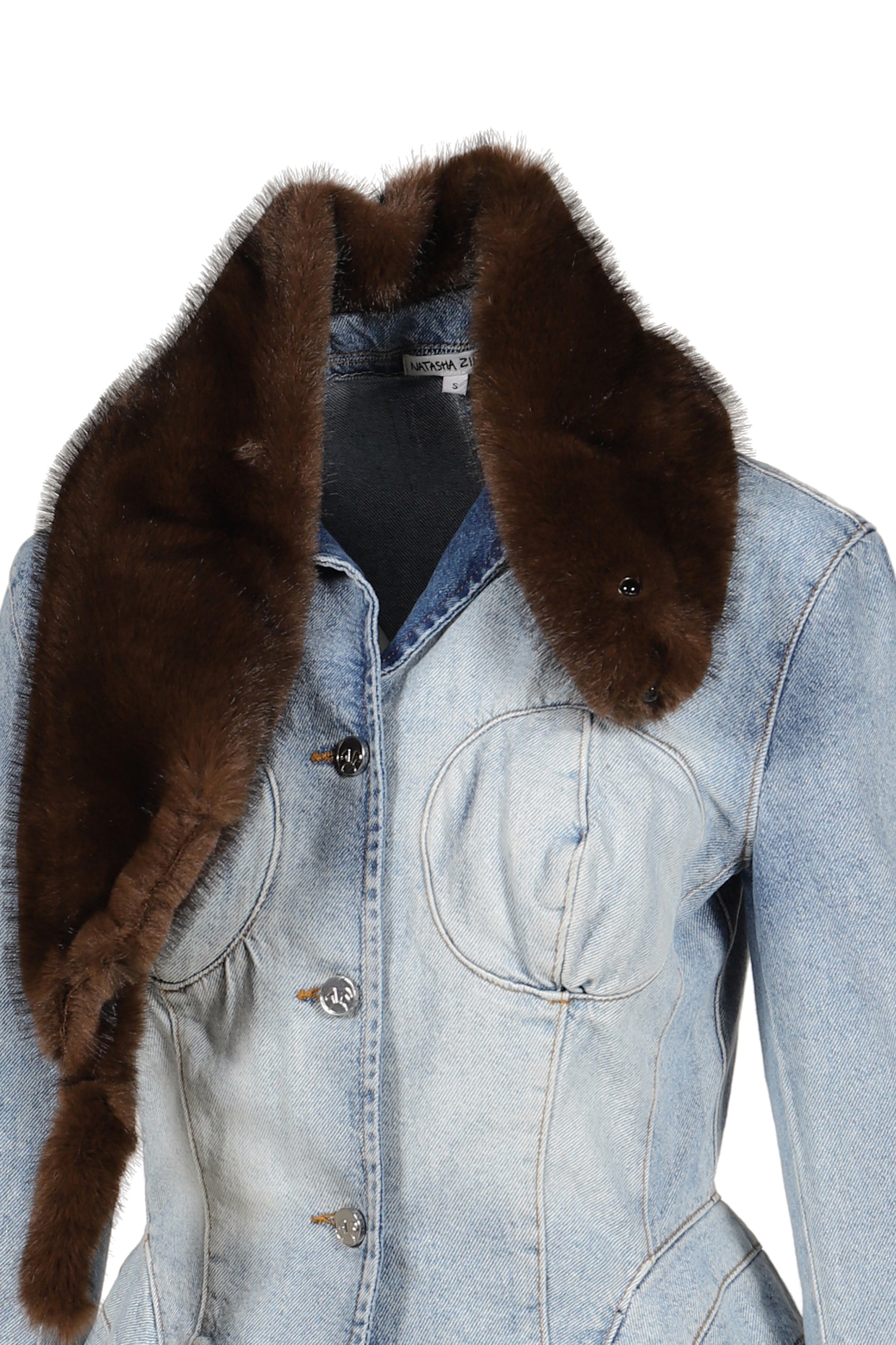 FAUX FUR TIPPET DENIM JACKET / LIGHT WASH BRW