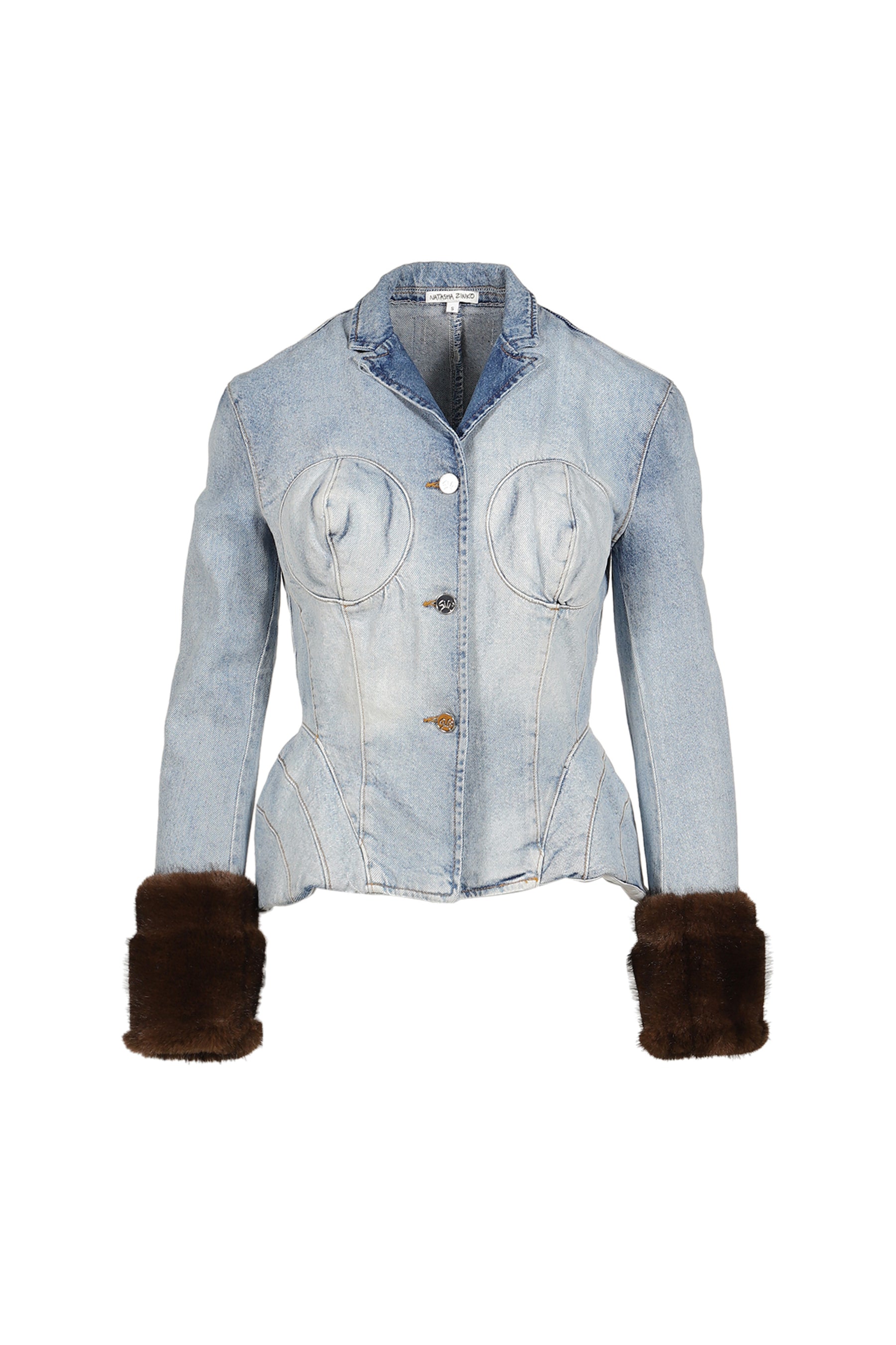 FAUX FUR TIPPET DENIM JACKET / LIGHT WASH BRW