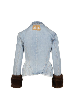 FAUX FUR TIPPET DENIM JACKET / LIGHT WASH BRW
