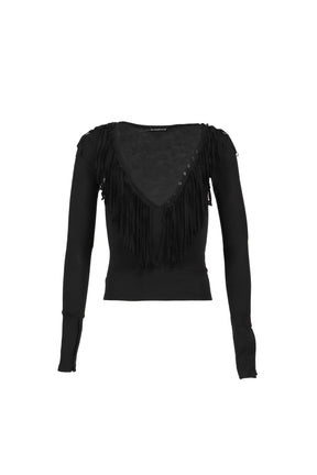FRINGED BUTTON SLIM TEE / BLK
